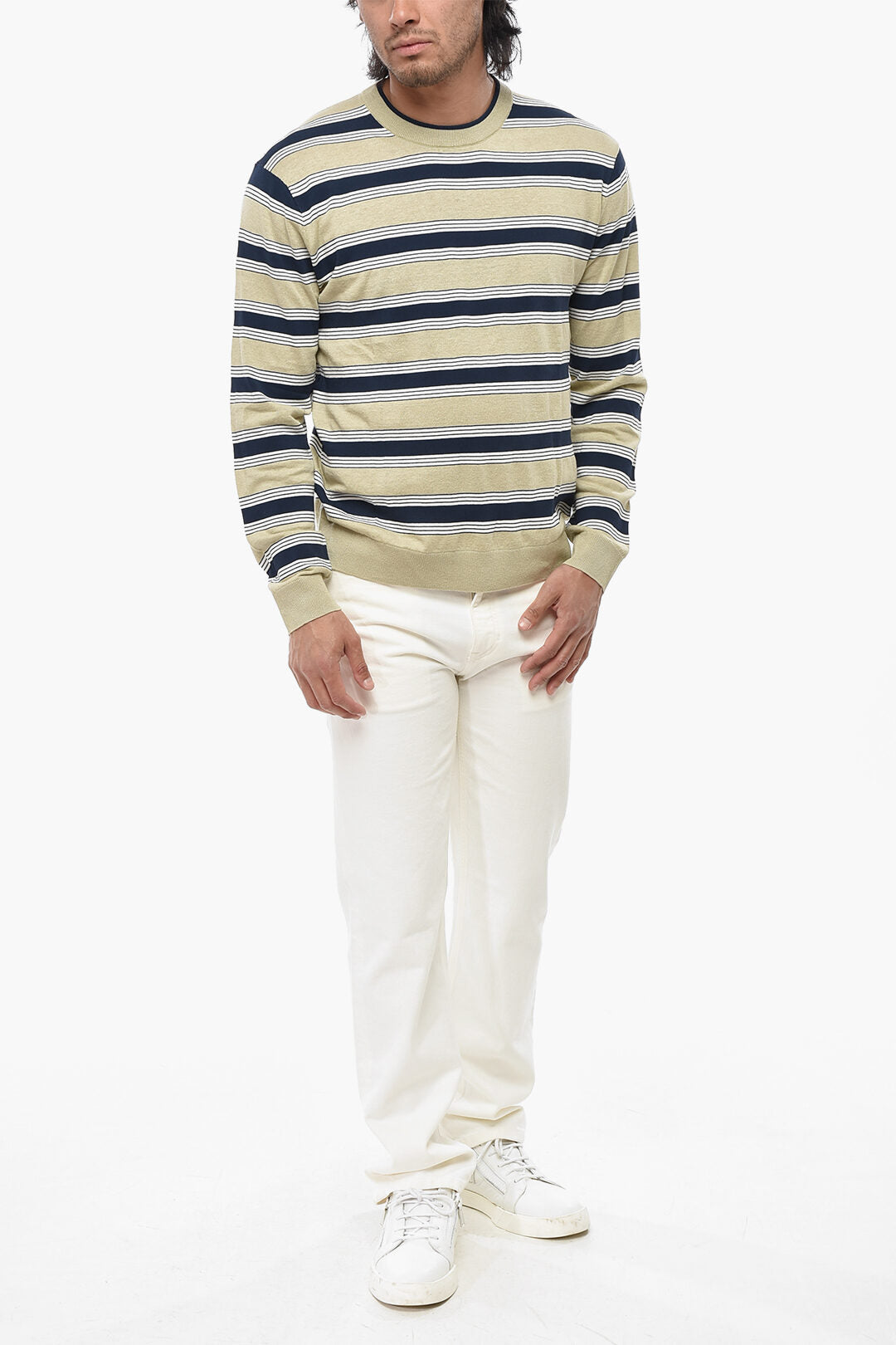 Maison Kitsuné 2500~Linen-Blend Crewneck Sweater with Balanced Stripes, view 2