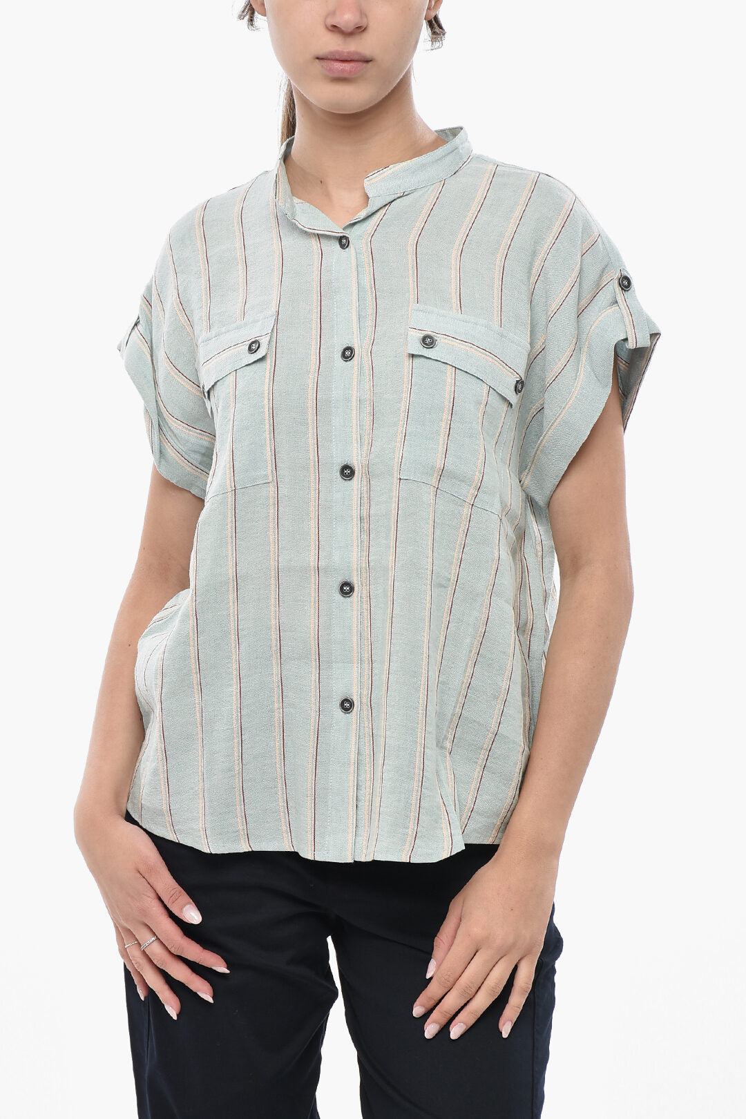 Woolrich 2750~Linen-Blend Striped Short-Sleeve Shirt