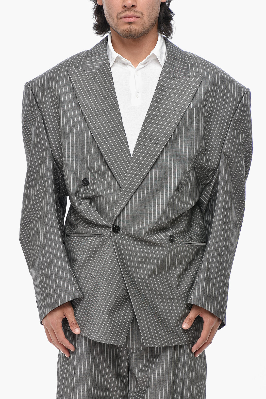 Hed Mayner 2470~Pinstriped Virgin Wool Double-Breasted Jacket with Peak Lapel