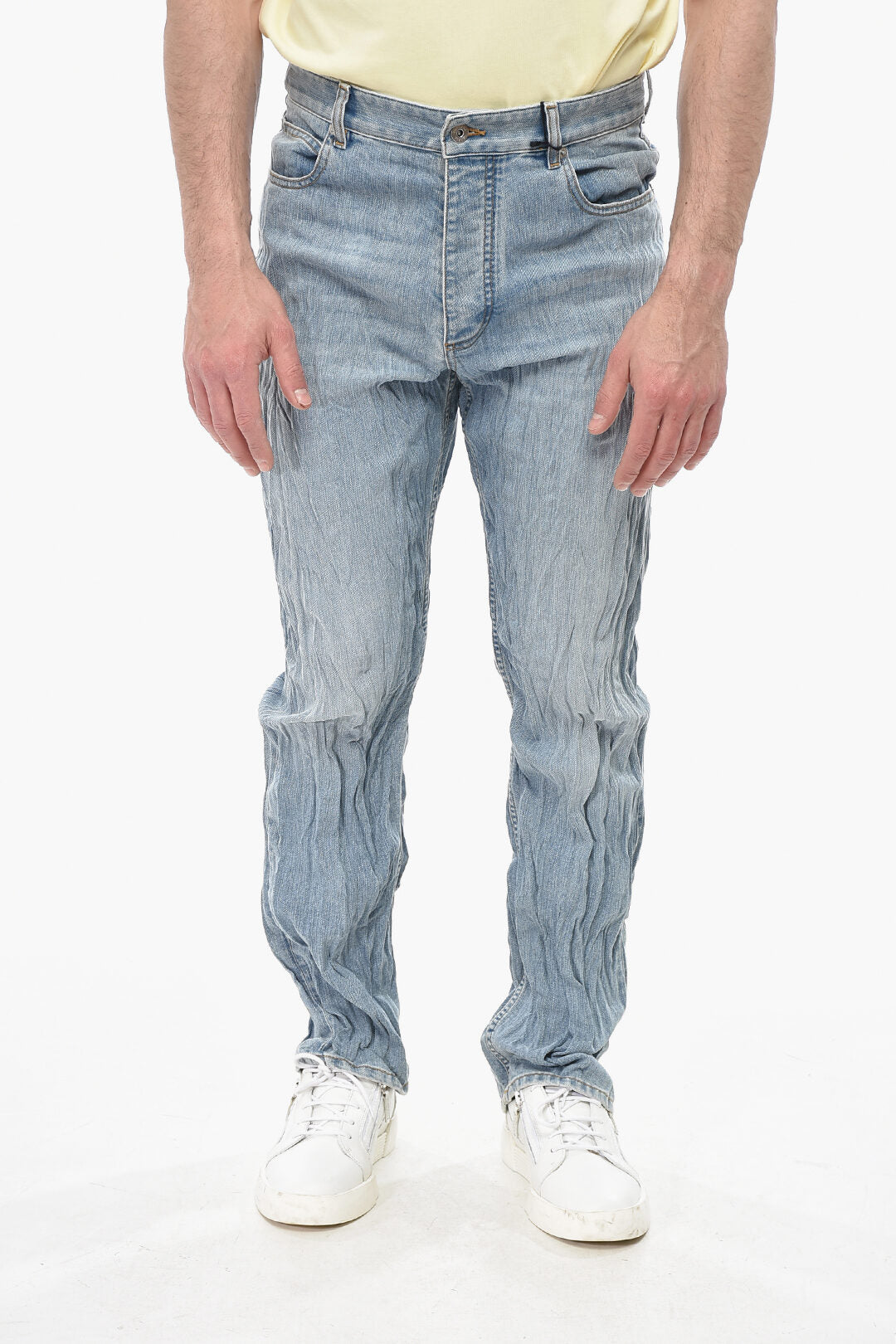 Bottega Veneta 2405~Crinkled-Effect Jeans with Woven-Leather Detail 22cm
