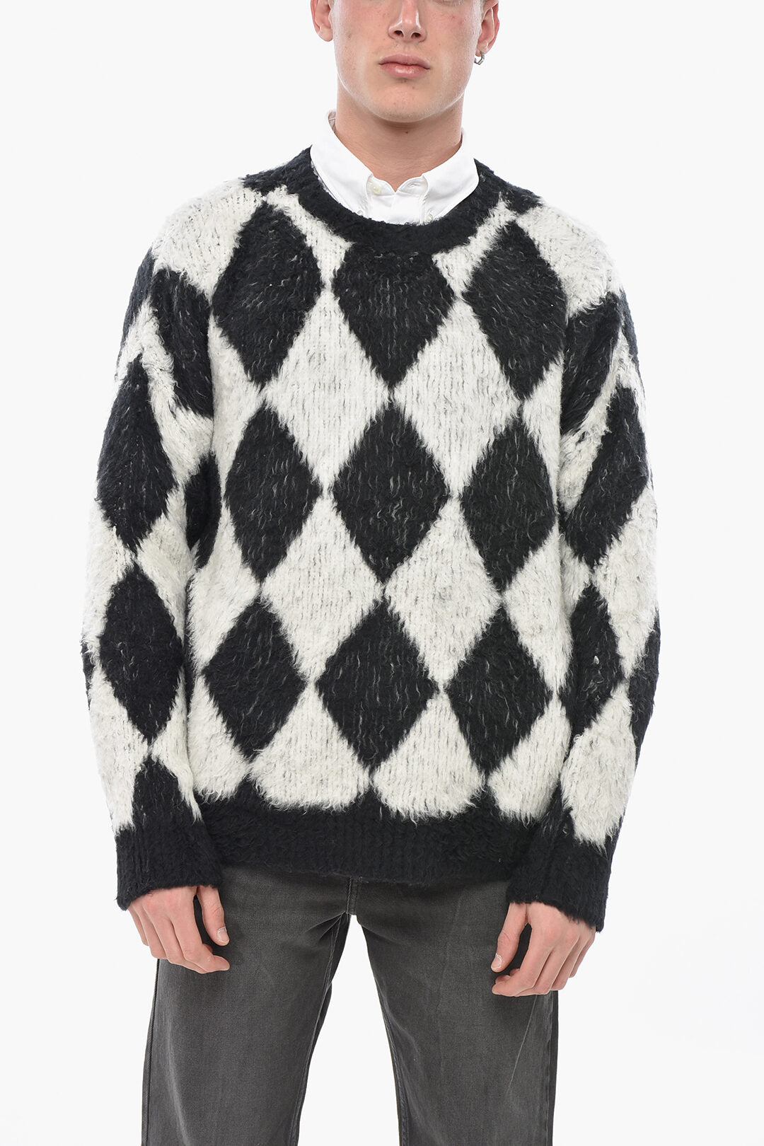 Celine 2550~Fuzzy Crewneck Sweater with Argyle Pattern