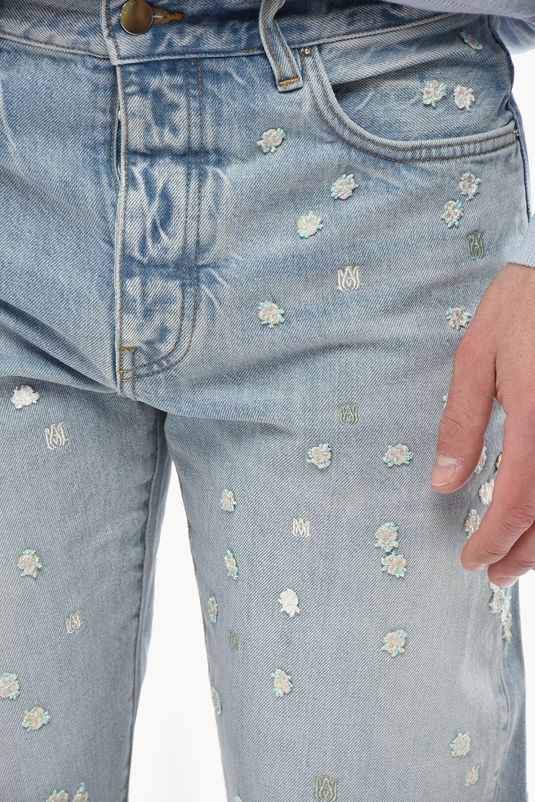 Amiri 2405~Jeans with All-Over Floral Embroidery and 21cm Frayed Hem