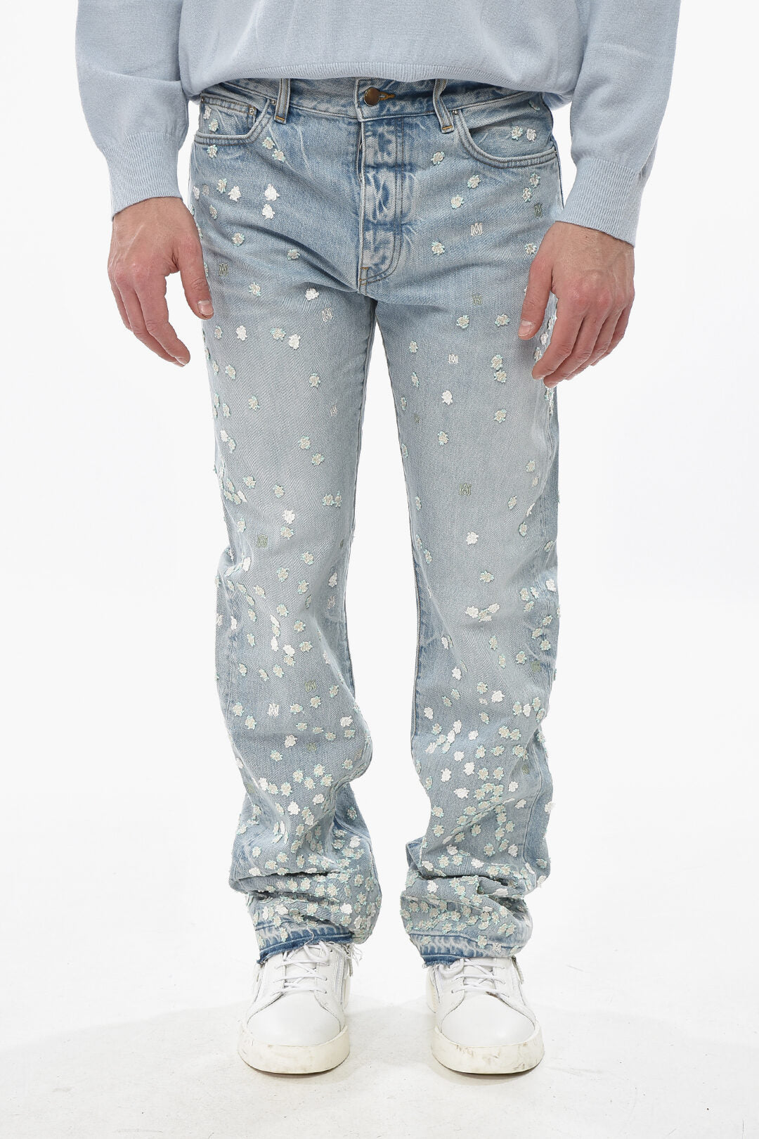 Amiri 2405~Jeans with All-Over Floral Embroidery and 21cm Frayed Hem