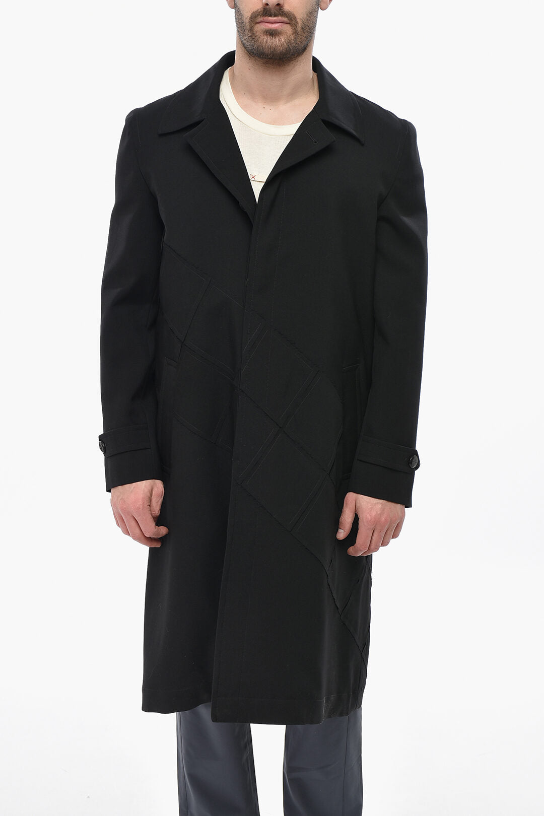 Namacheko 3500~Virgin Wool-Blend Coat with Quilted Effect and Hidden Button Closure