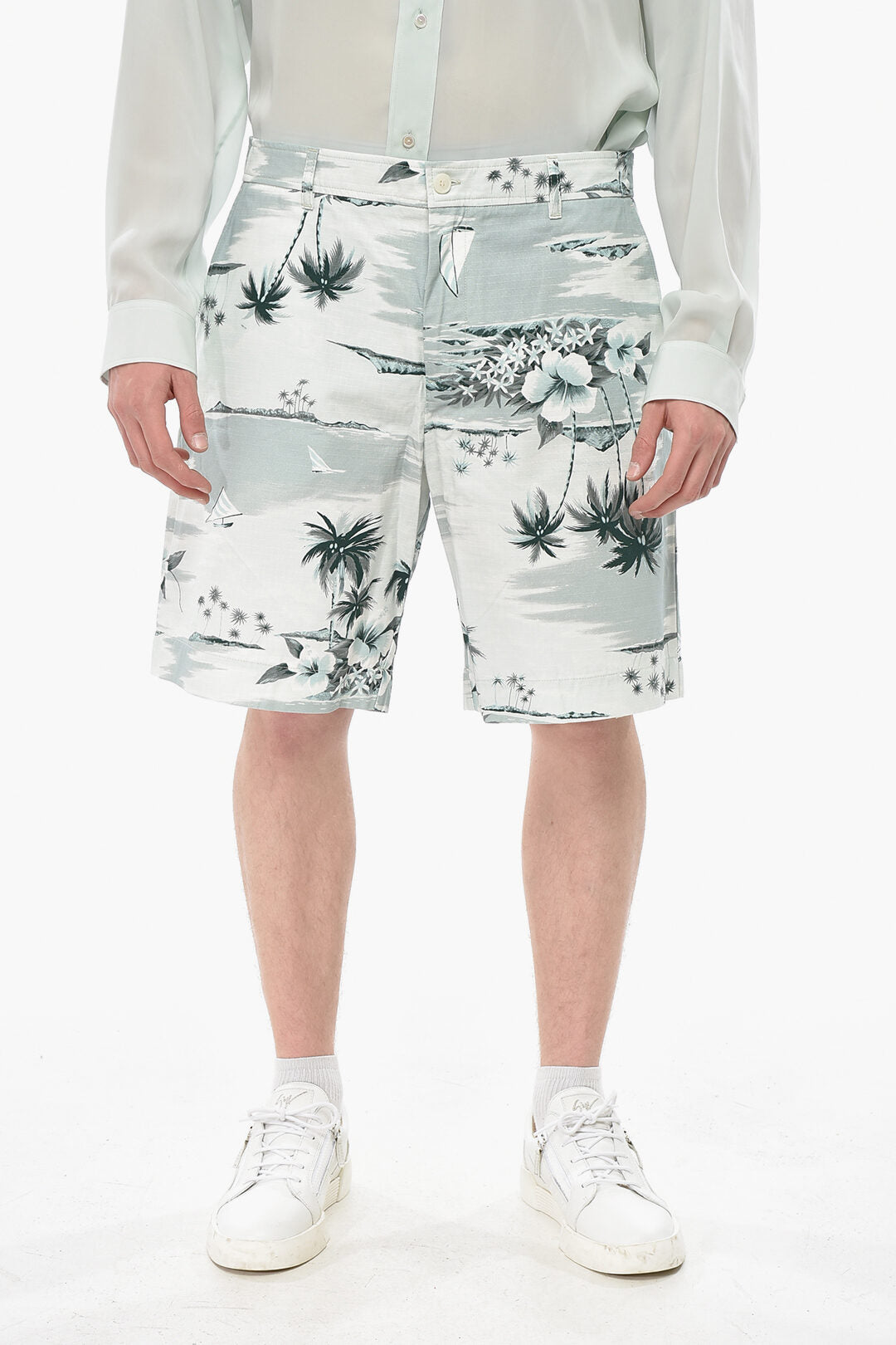 Maison Kitsuné 2750~Printed SEAFOAM Cotton Shorts