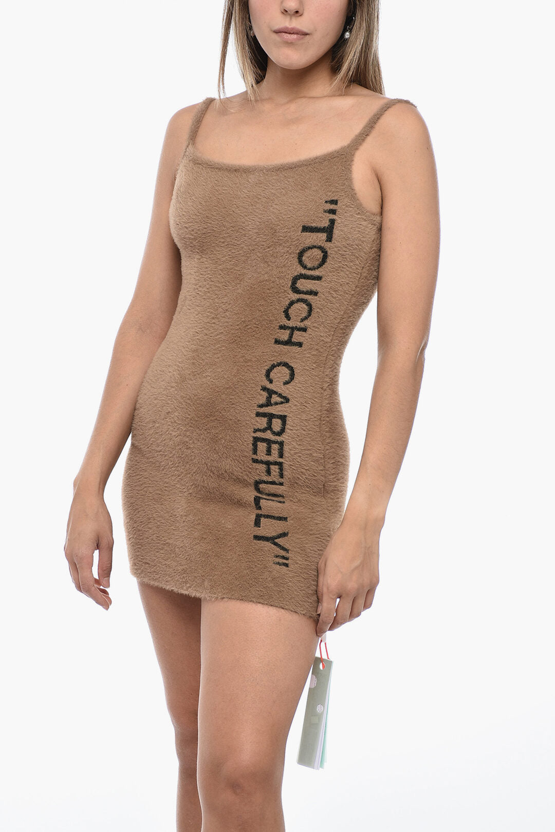 Off-White 2405~SEASONAL Fuzzy Mini Dress with Contrasting Lettering, view 2