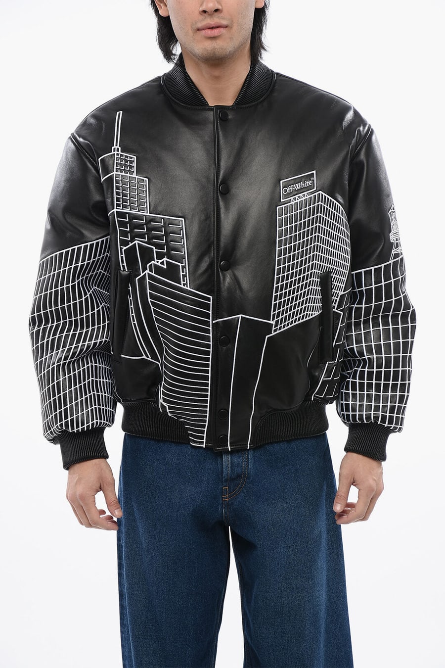 Off-White 3500~Leather Varsity Bomber SKYLINE