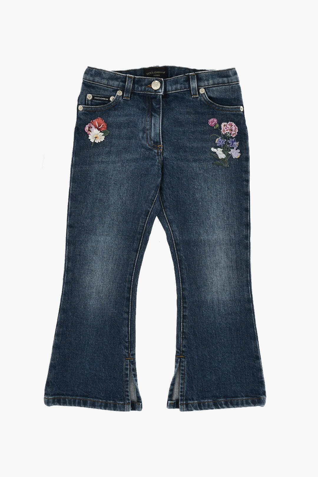 Dolce & Gabbana Kids 0405~Stretch Denim Bootcut Jeans With Ankle Slit And Floral Embroidery
