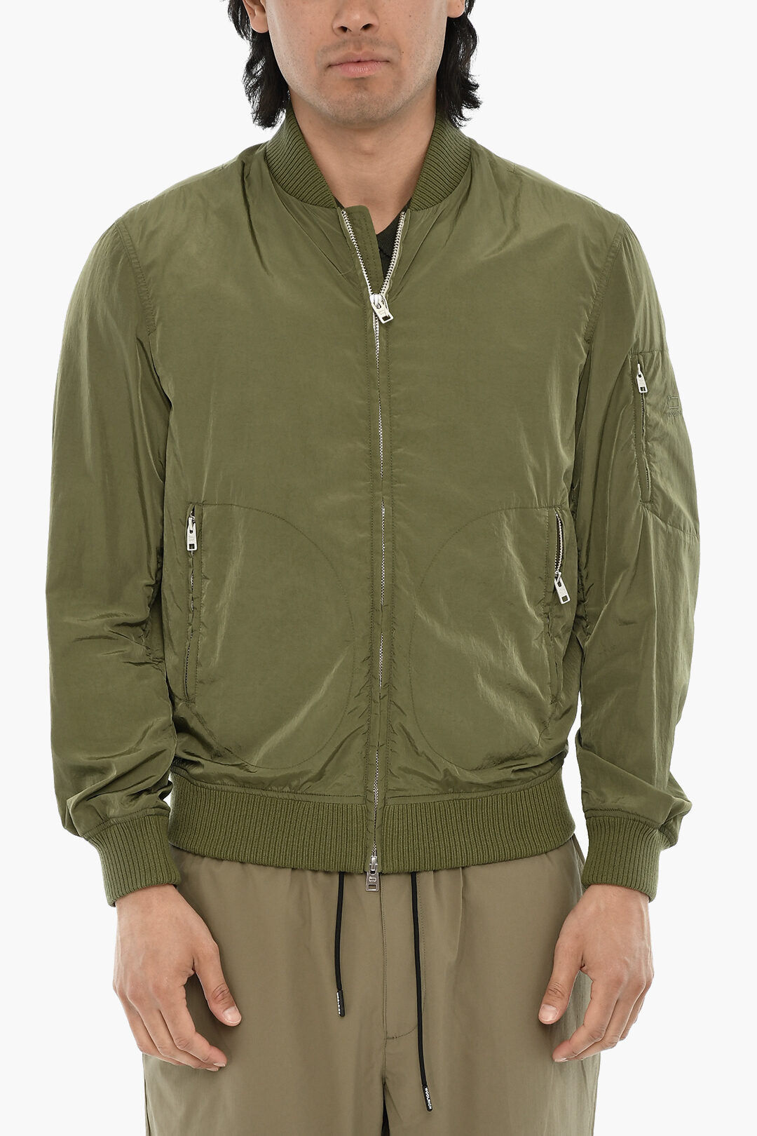 Woolrich 2850~Solid-Color Nylon Bomber Jacket with Sleeve Pocket