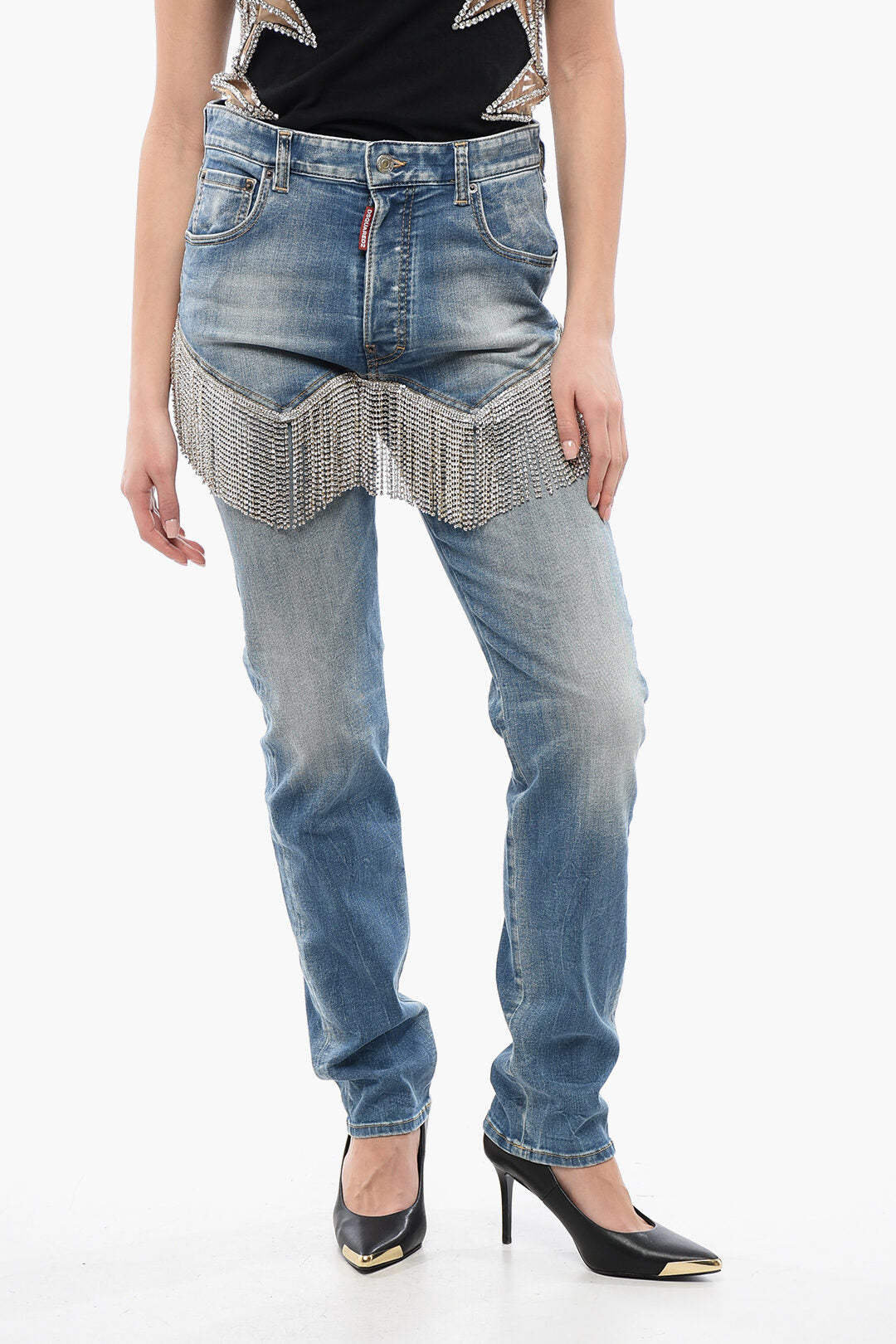 Dsquared2 2750~Jeans 642 Delavé Denim with 16cm Crystal Fringes