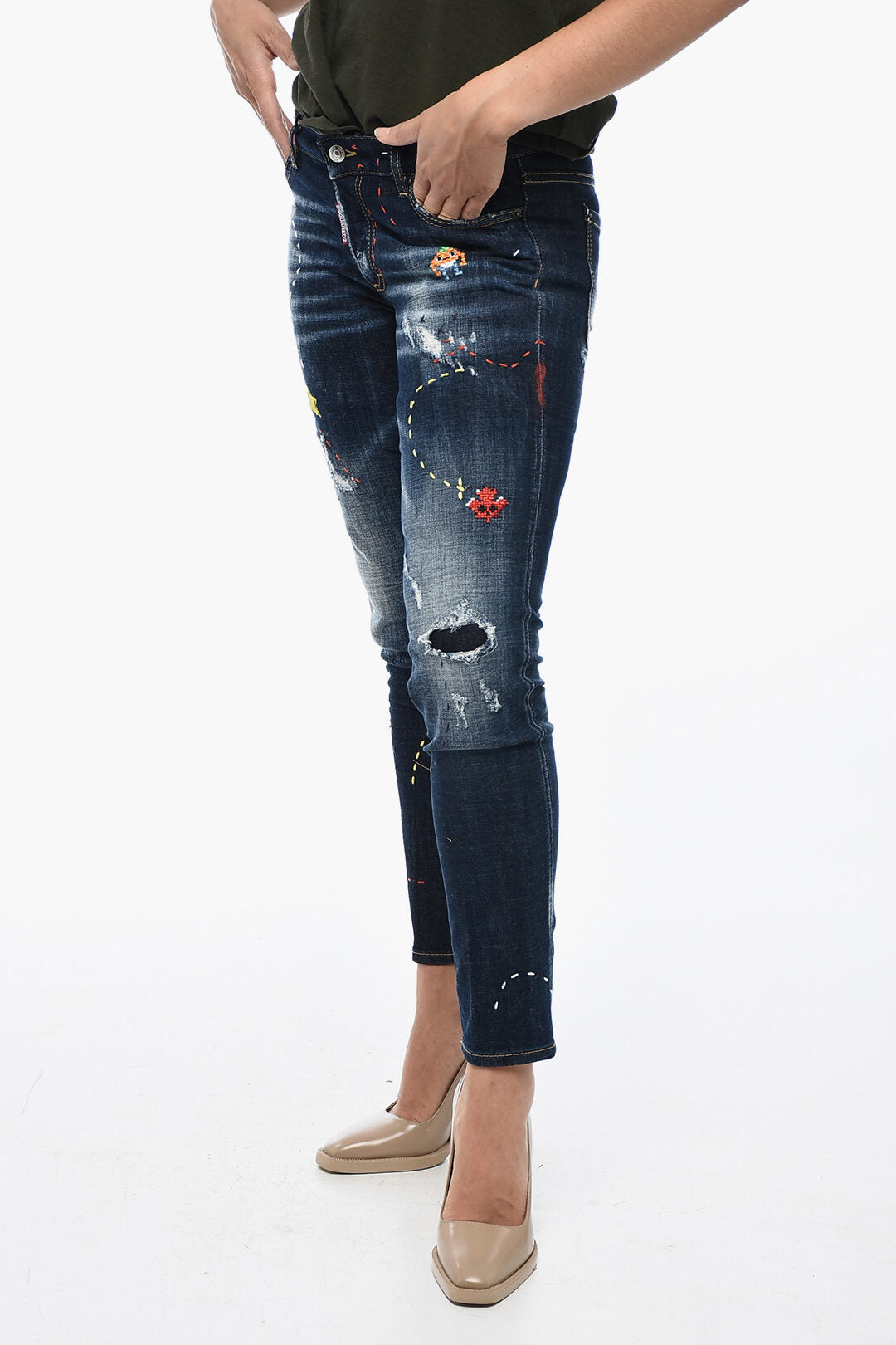 Dsquared2 2405~Monster Maze Skinny Jeans with 14.5cm Embroidery
