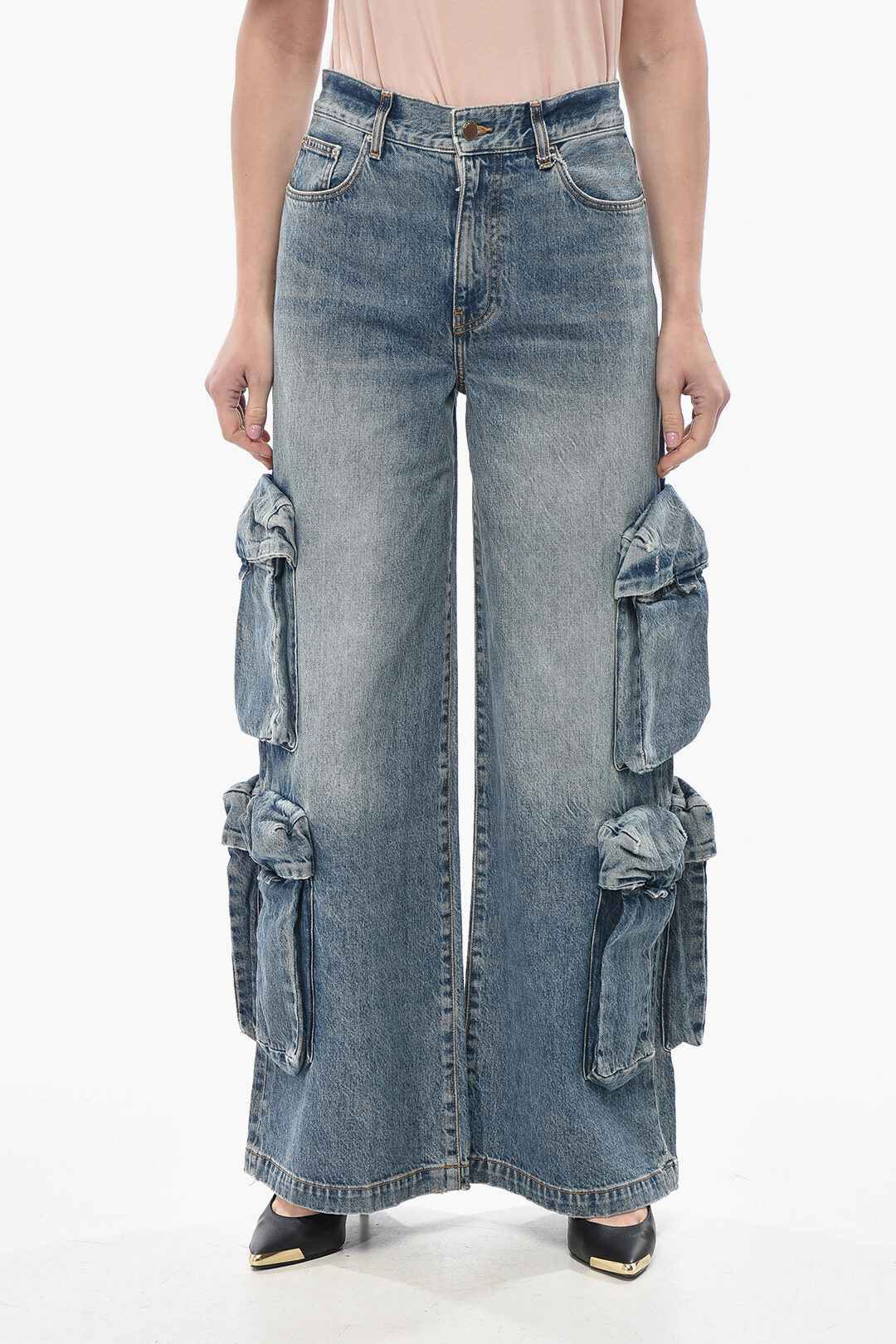 Amiri 2405~Wide-Leg Cargo Jeans in Washed Denim
