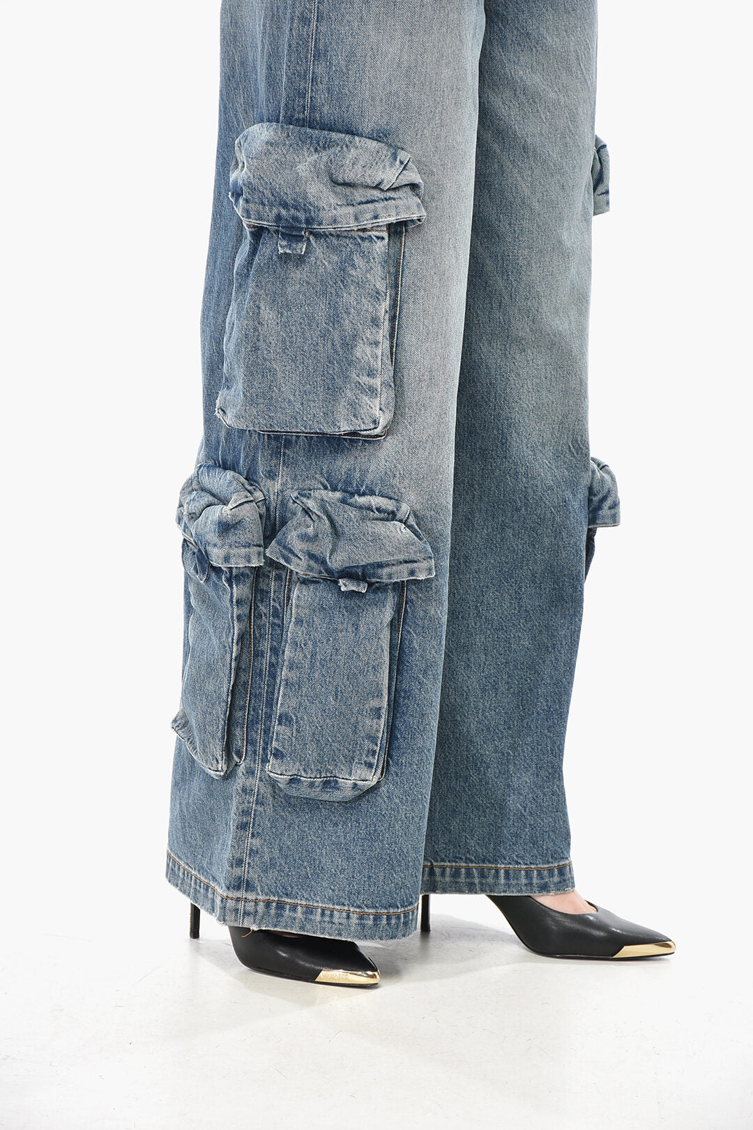 Amiri 2405~Wide-Leg Cargo Jeans in Washed Denim, view 2