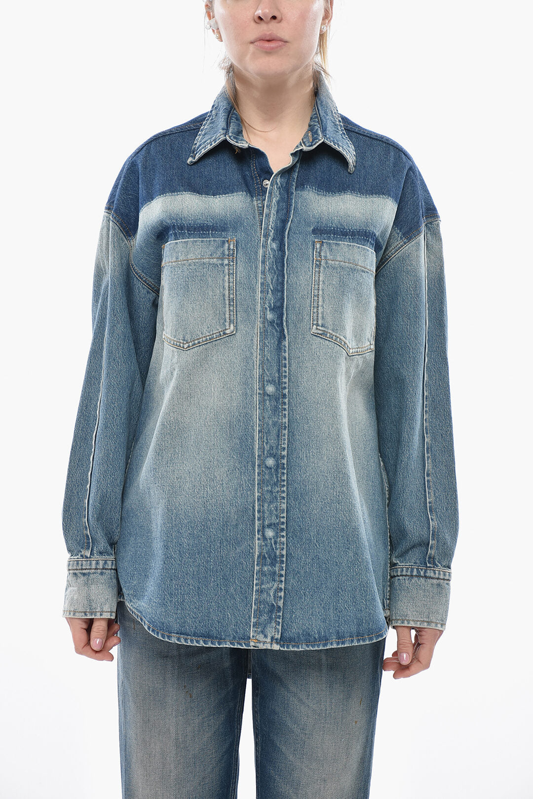 Victoria Beckham 2405~Vintage-Effect Denim Shirt With Snap Buttons