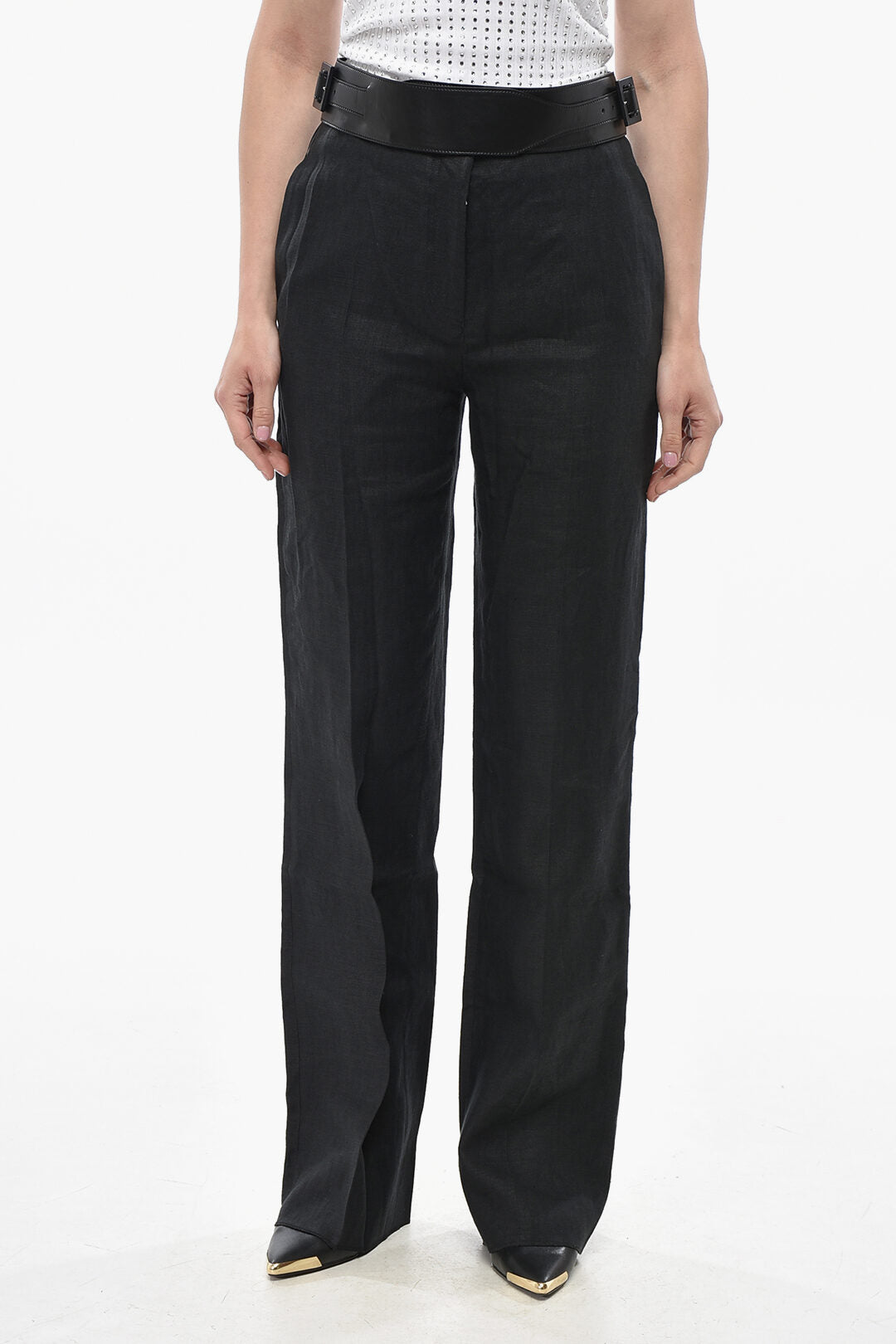 Ferragamo 3500~Linen Pants With Leather Detail