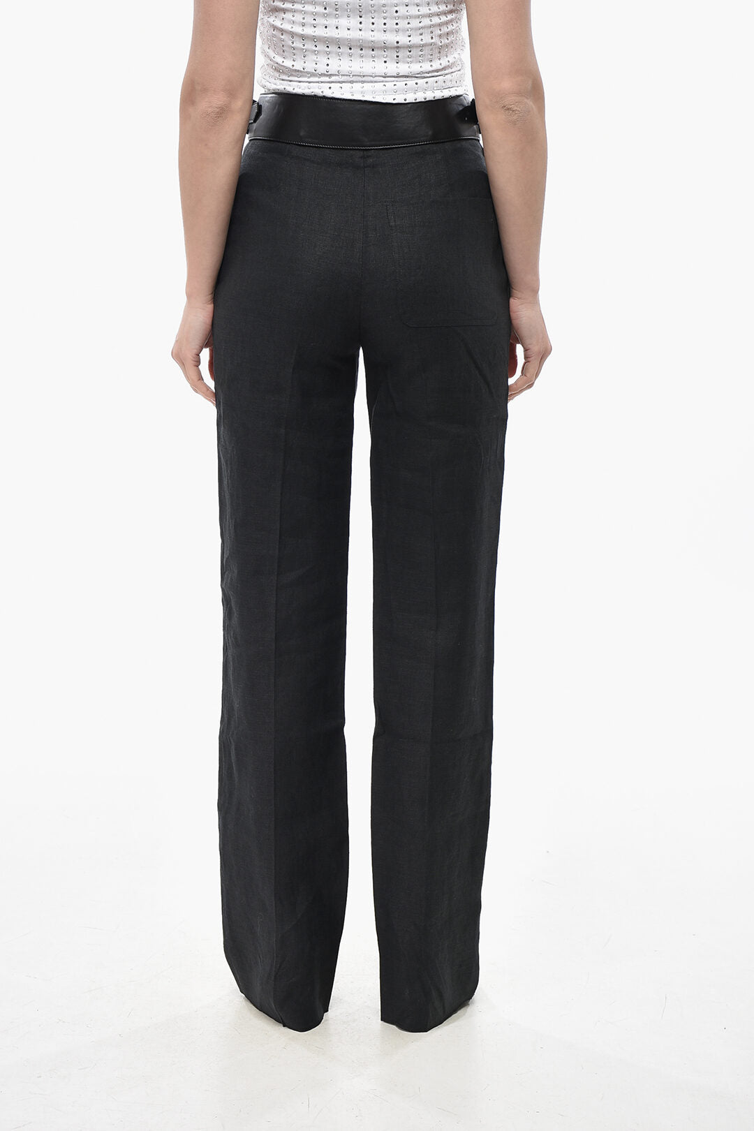 Ferragamo 3500~Linen Pants With Leather Detail, view 2