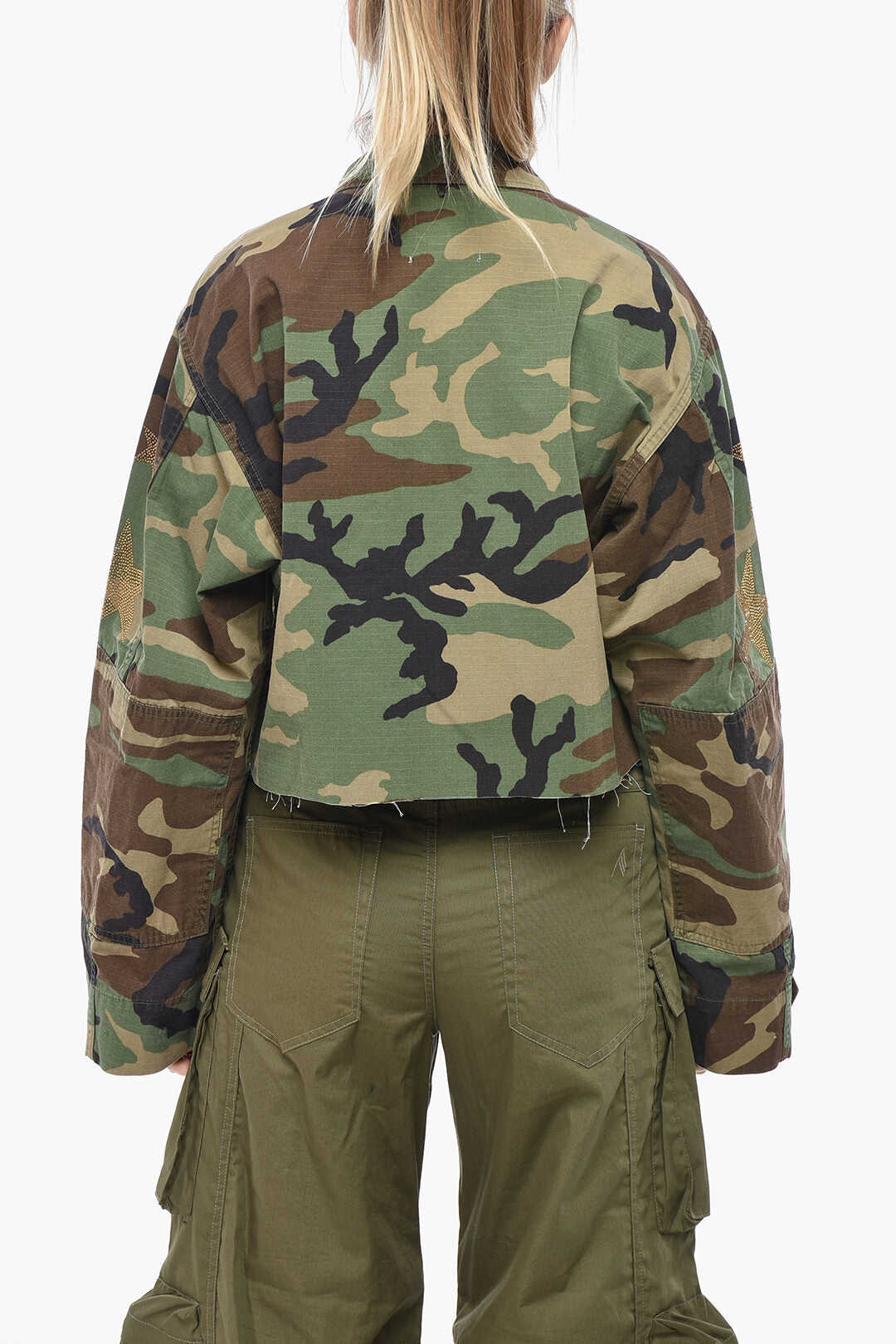 Rossano Perini 2800~Camouflage Cotton Sahariana Crop Shirt with Rhinestones