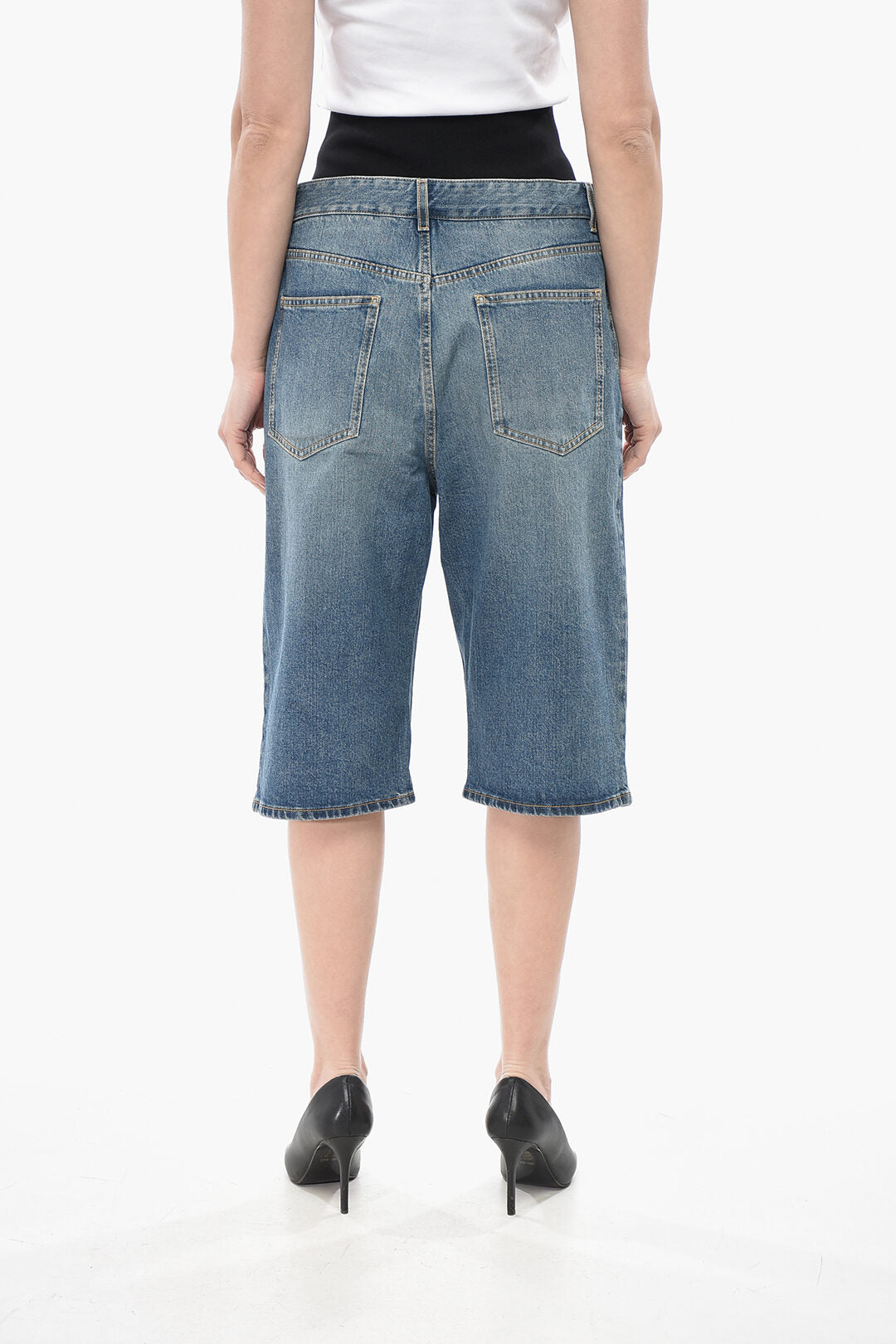 Alaïa 2405~Wide-Leg Denim Shorts with Elastic Waistband, view 2