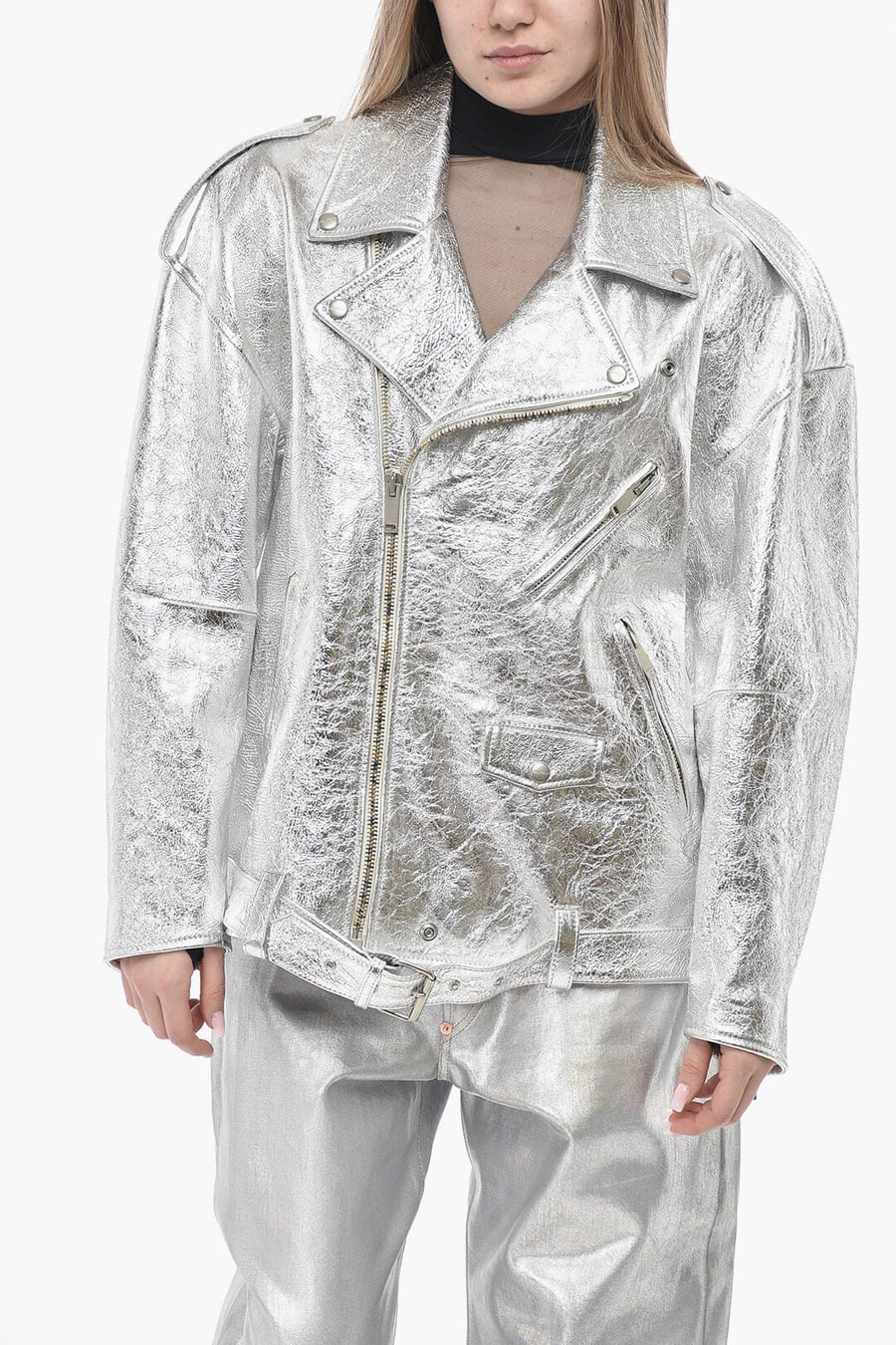 HALFBOY 3050~Oversized Lamé Leather Biker Jacket