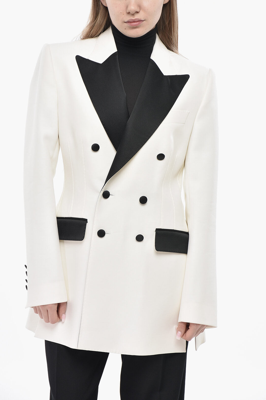 Dolce & Gabbana 2405~Double-Breasted Wool-Blend Blazer With Satin Contrast Details