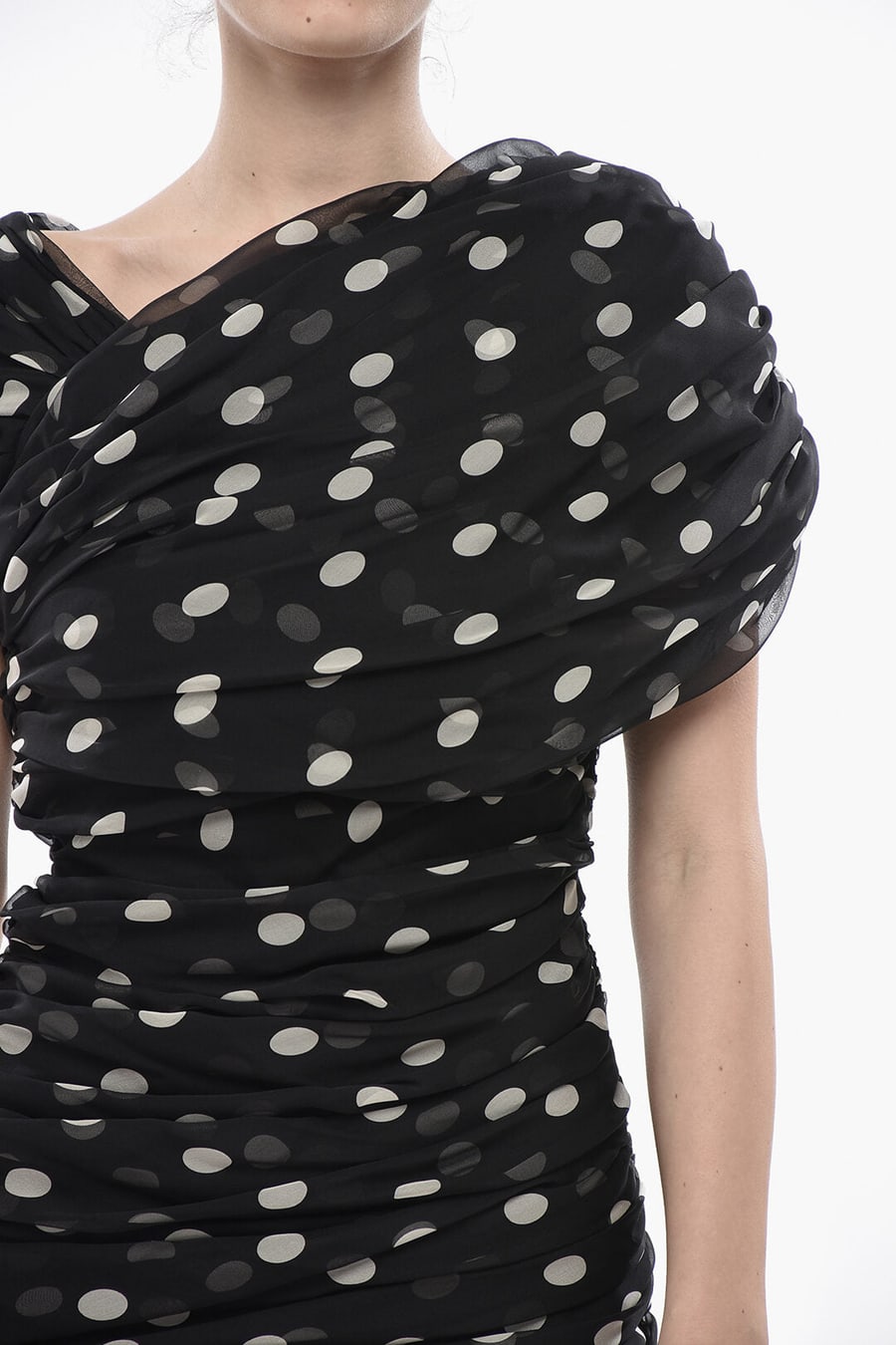 Saint Laurent 3500~Silk Chiffon Draped Dress with Polka Dot Pattern, view 2