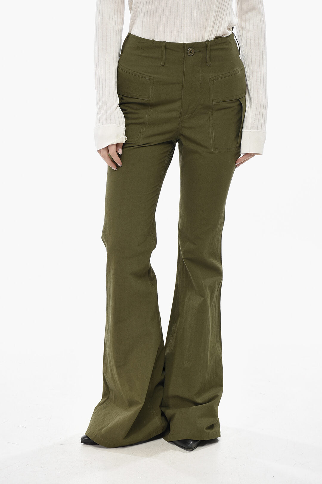 R13 2800~Cotton-Blend Bootcut Trousers with Drawstring