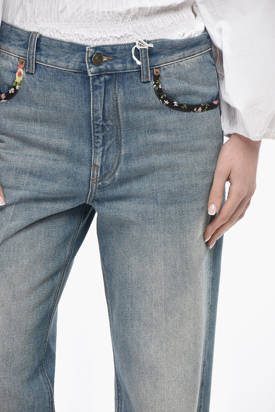 Valentino 2750~Straight-Fit Cotton Jeans with 21cm Floral-Pattern Hems