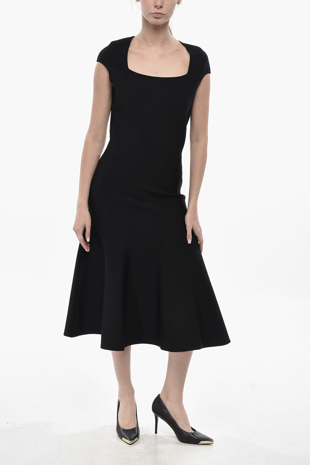 Alexander McQueen 3500~Knit Dress with Square Neck and Flared Hem