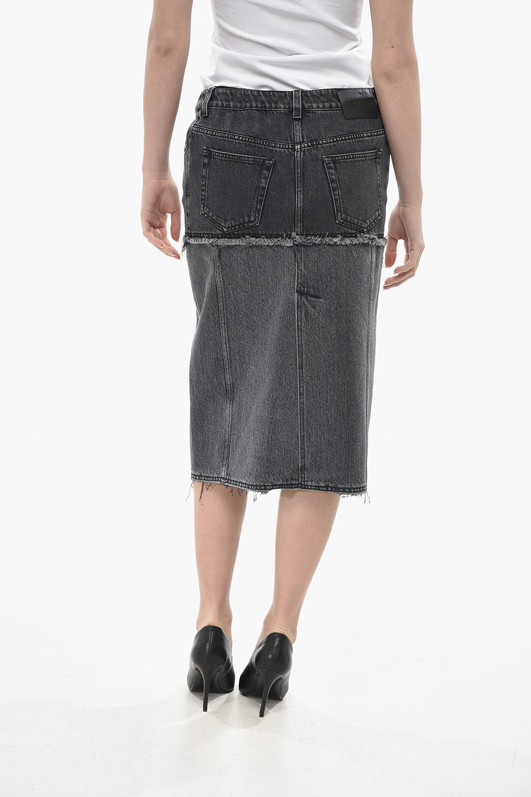 Alexander McQueen 3500~Denim Midi Skirt with Patchwork Design