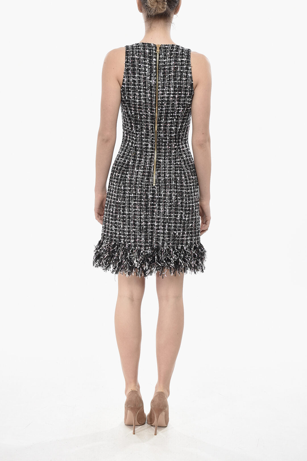 Balmain 3500~Sleeveless Tweed Sheath Dress With Front Buttons, view 2
