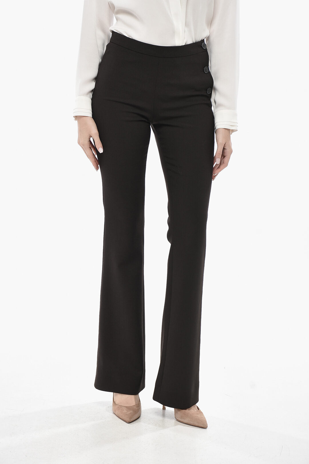 Courreges 2405~Wool-Blend Bootcut Trousers with Side Buttoning