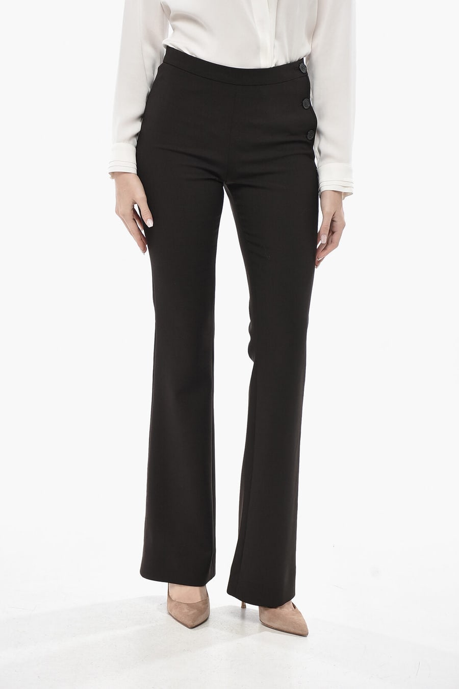 Courreges 2405~Wool-Blend Bootcut Trousers with Side Buttoning
