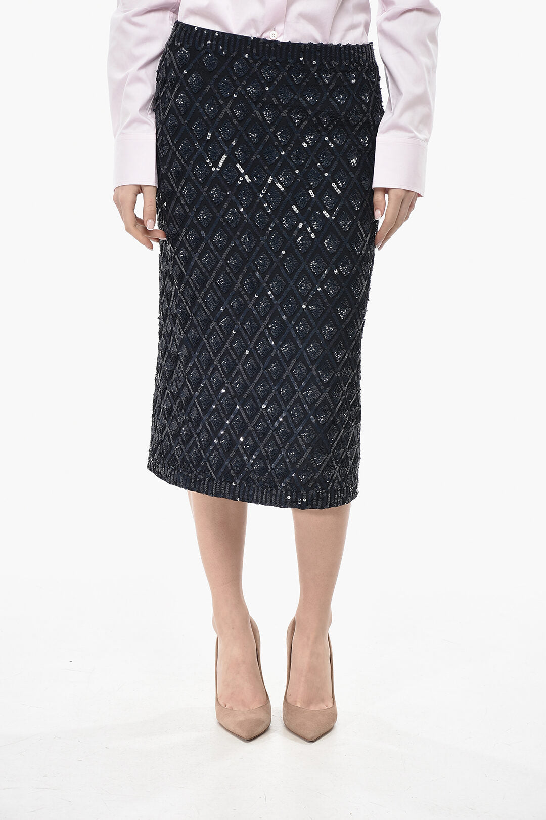 P.A.R.O.S.H. 2405~Sequin Midi Skirt with Elastic Waistband