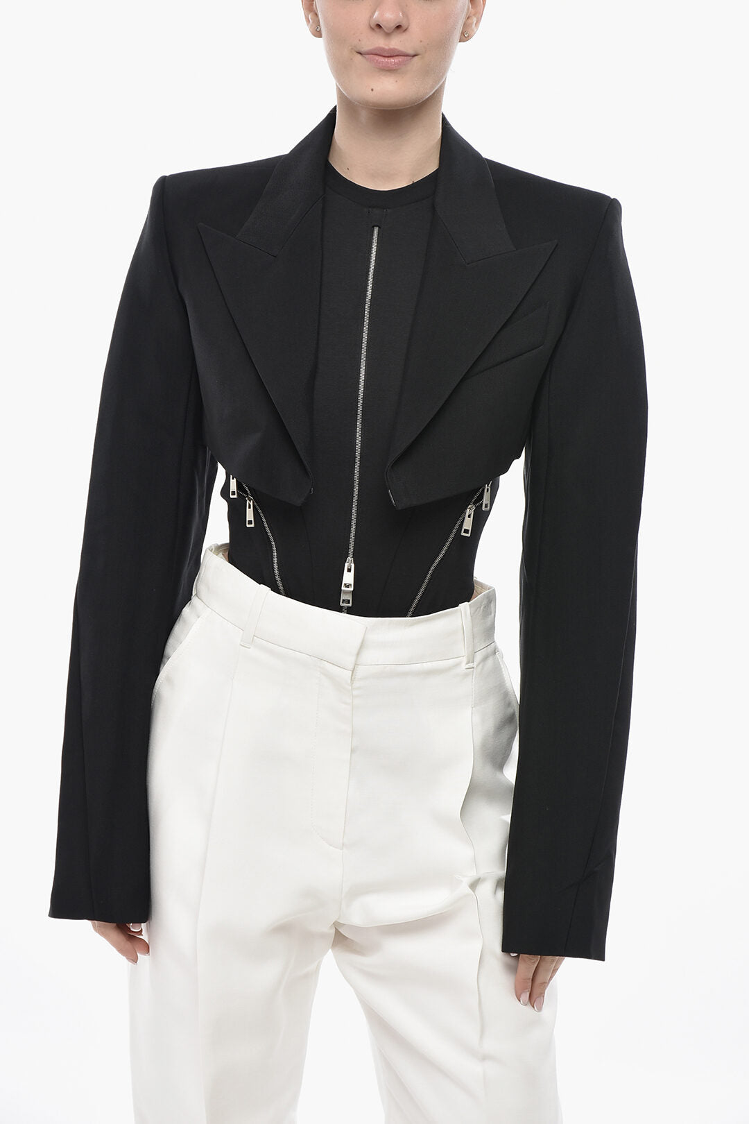 Mugler 3500~Twill Cropped Blazer with Padded Shoulders
