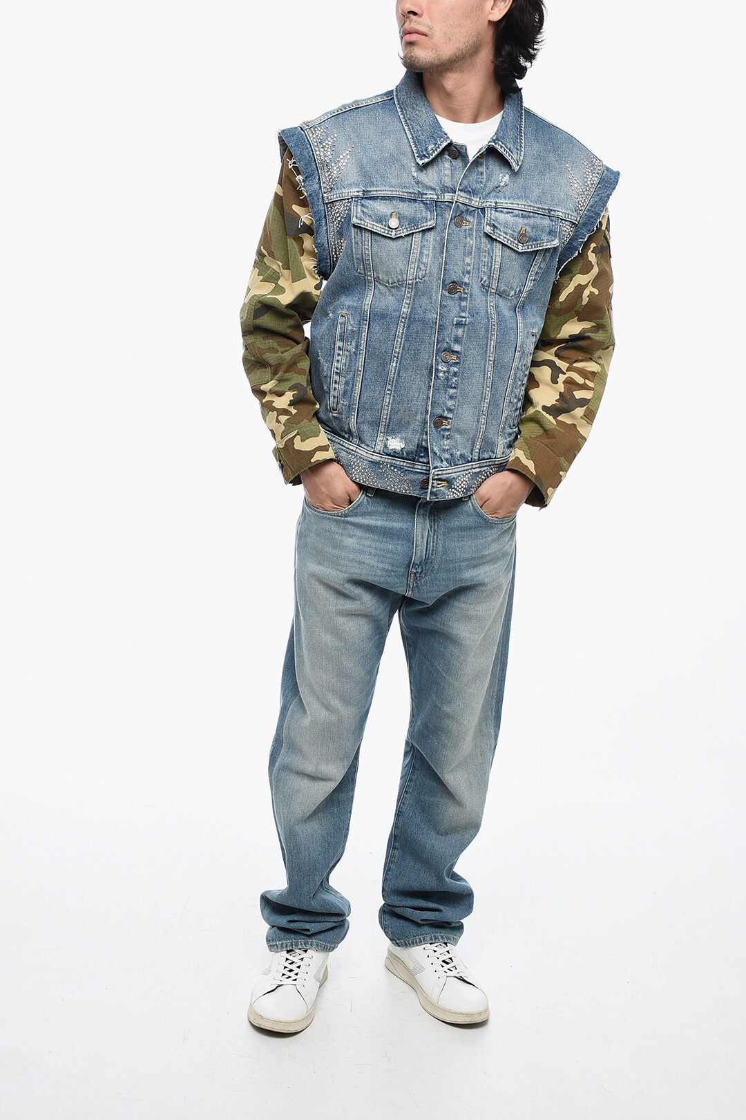Celine 3250~Distressed Denim Jacket with Camouflage-Print Sleeves