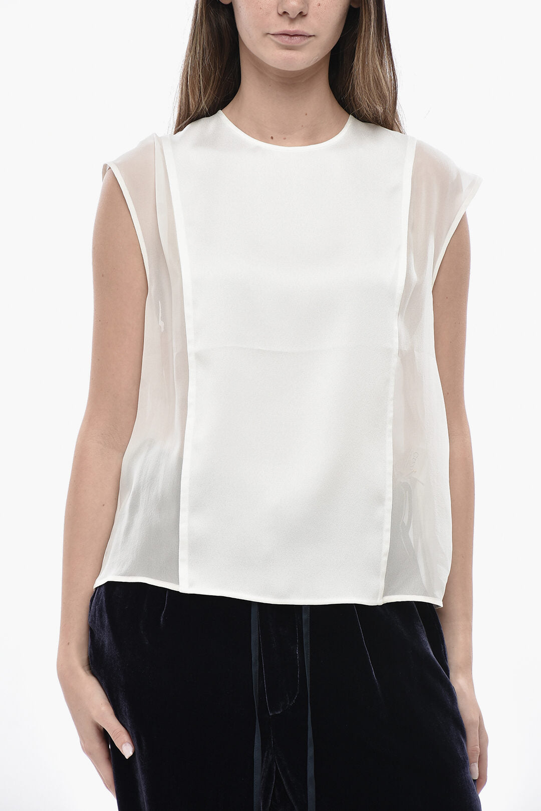 Genny 2405~Satin Top with Chiffon Details