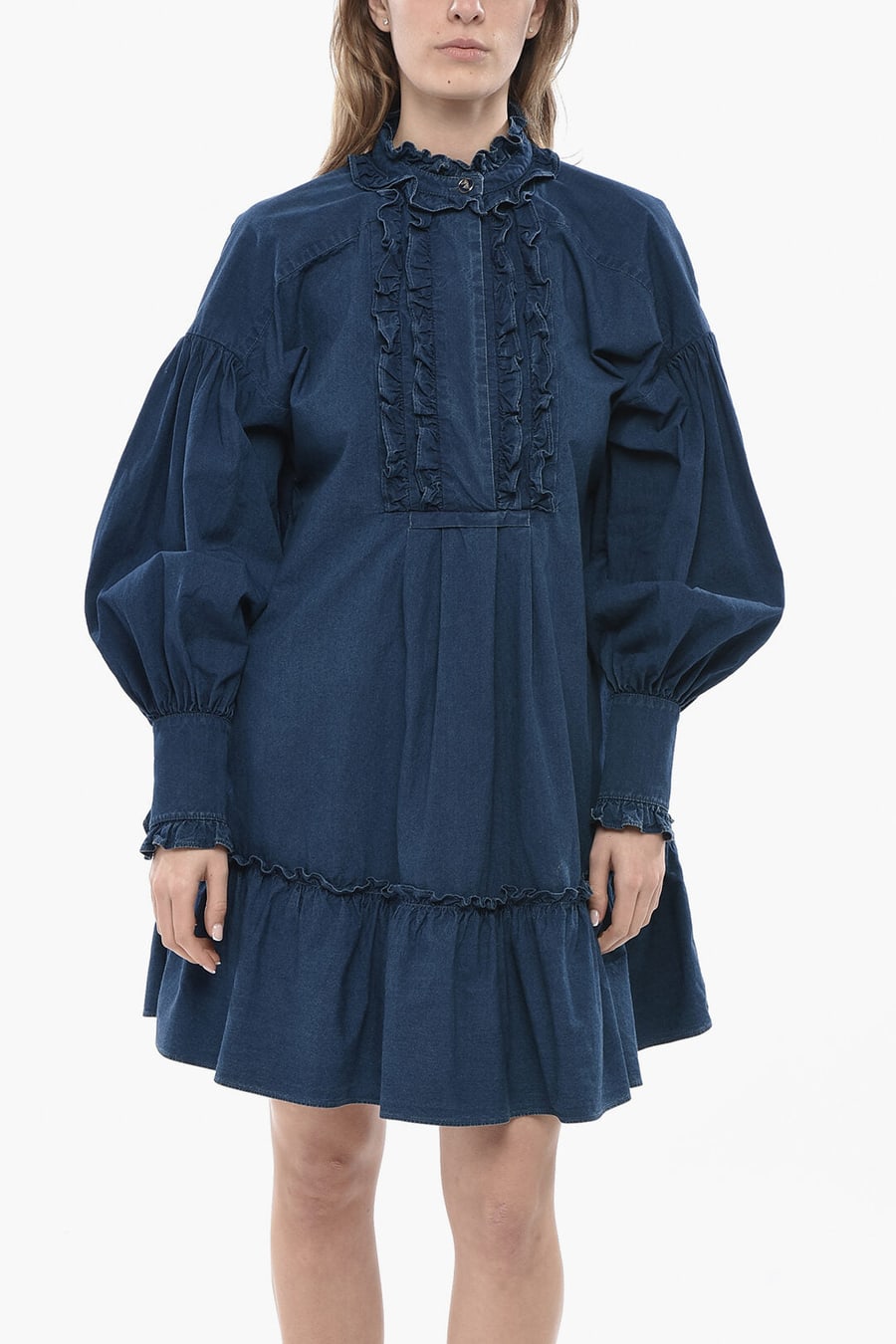 Valentino 2405~Ruffle-Front Cotton Shirt Dress with Puff Sleeves