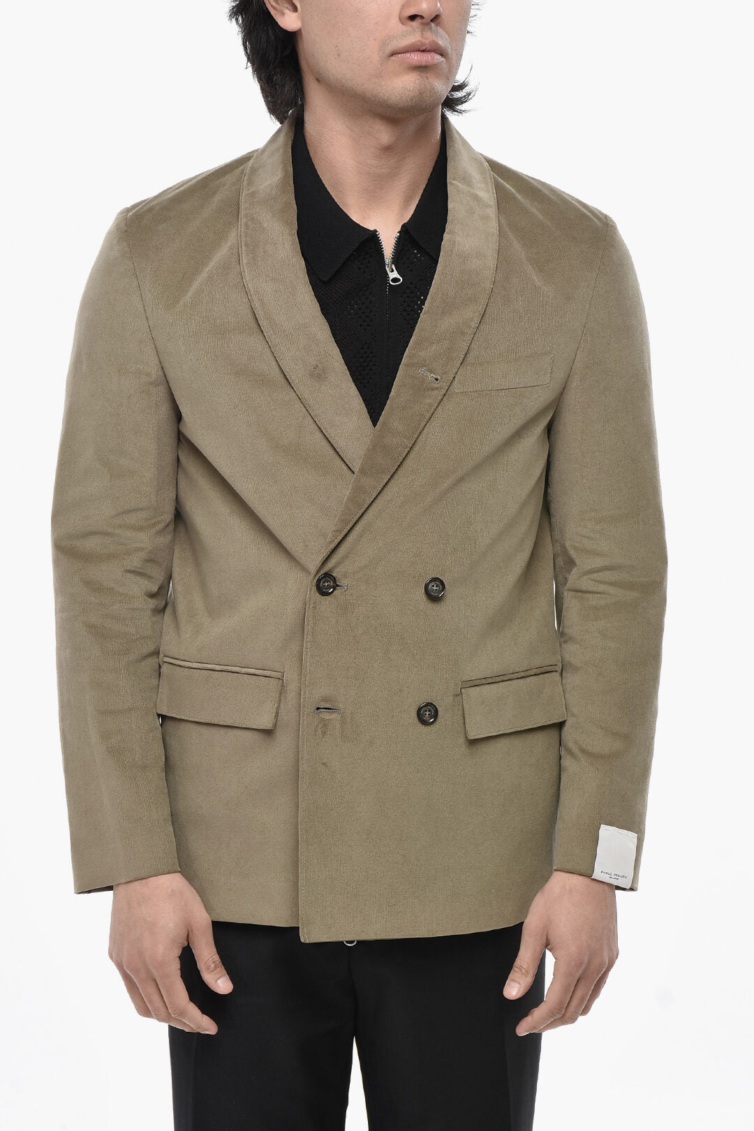 Paolo Pecora 2405~Ribbed Velour Double-Breasted Blazer with Shawl Lapel