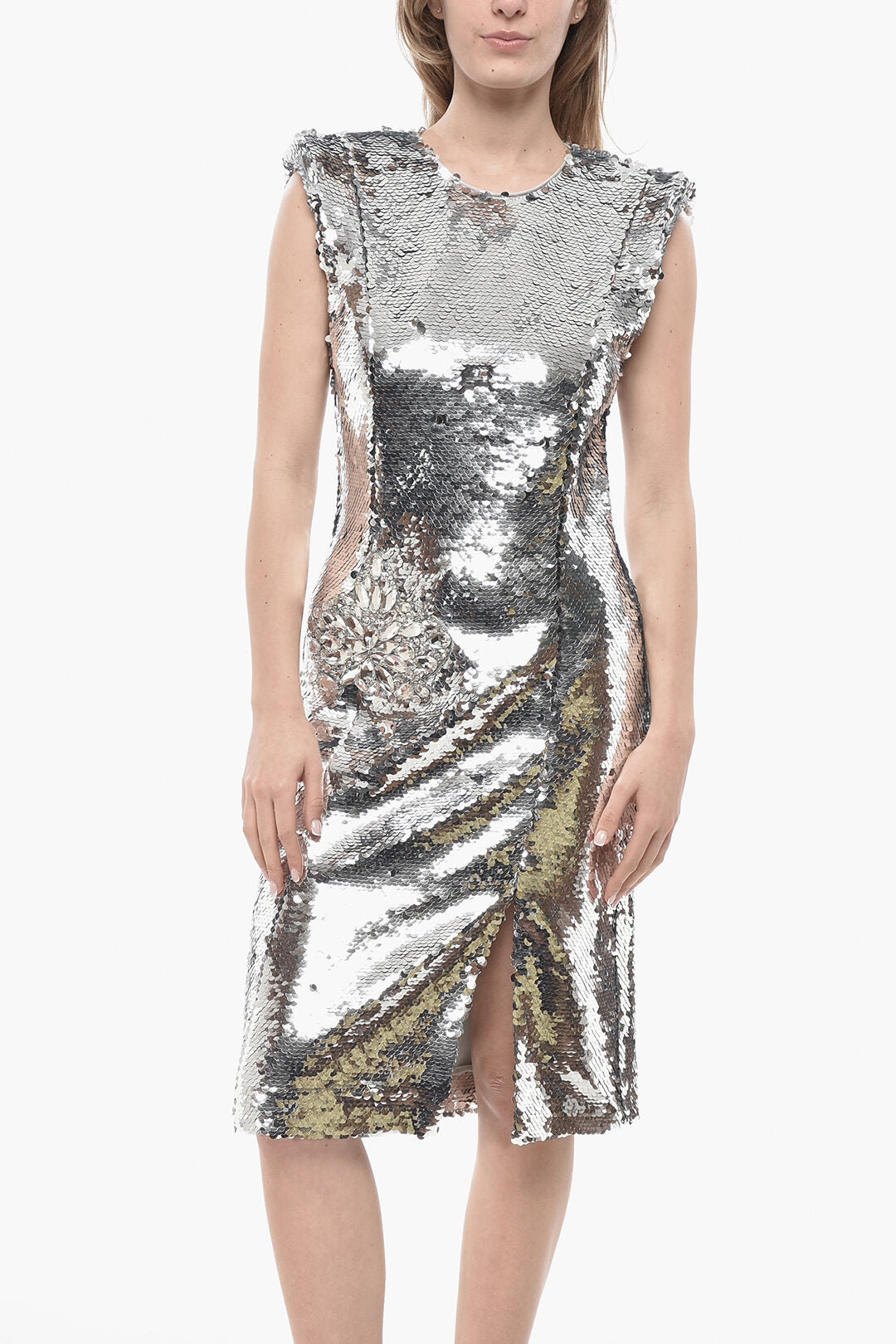 Genny 3050~Midi Sequin Sheath Dress With Jewel Detail