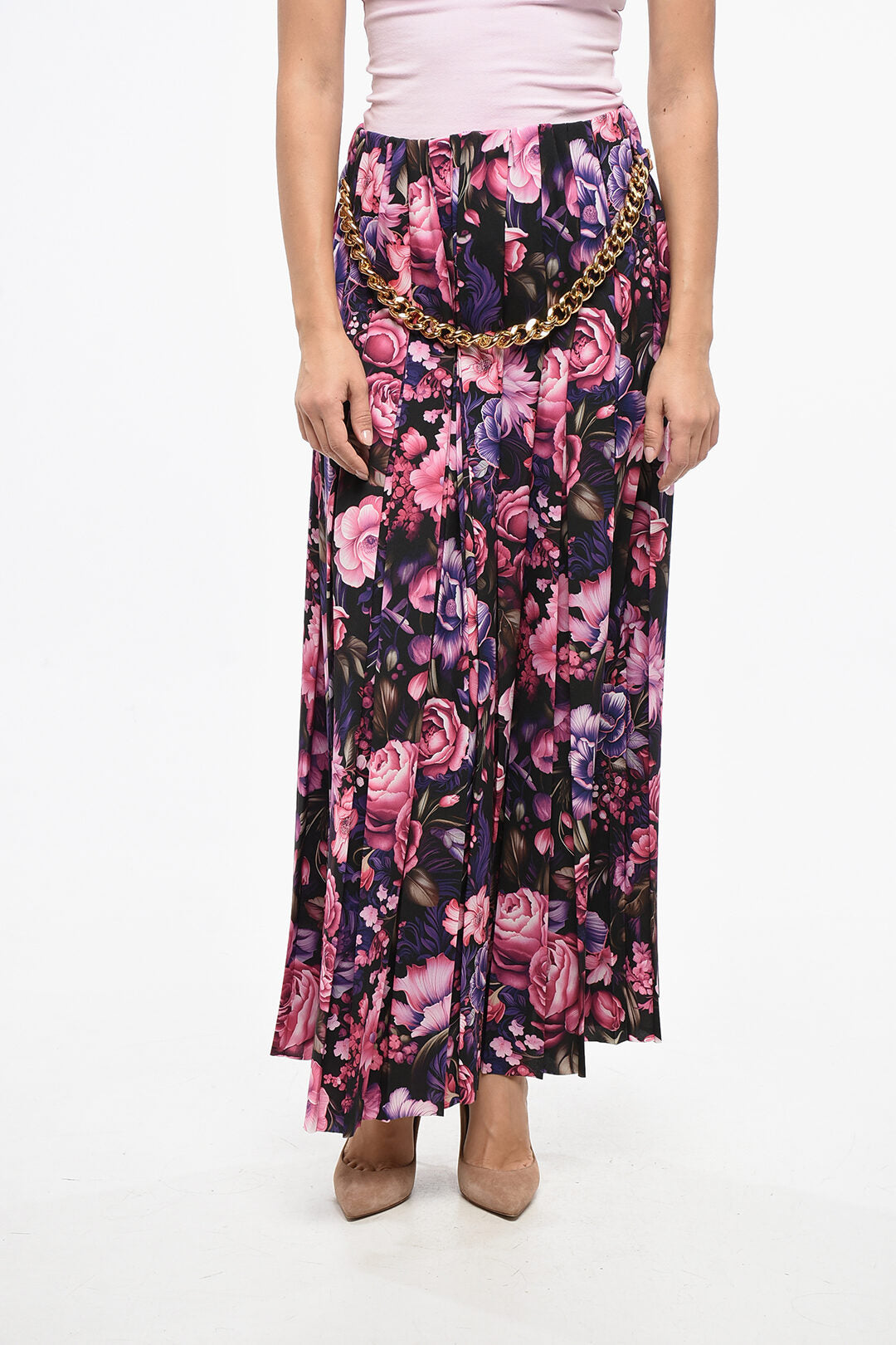 Balenciaga 3050~Long Pleated Skirt with Floral Pattern and Chain Detail