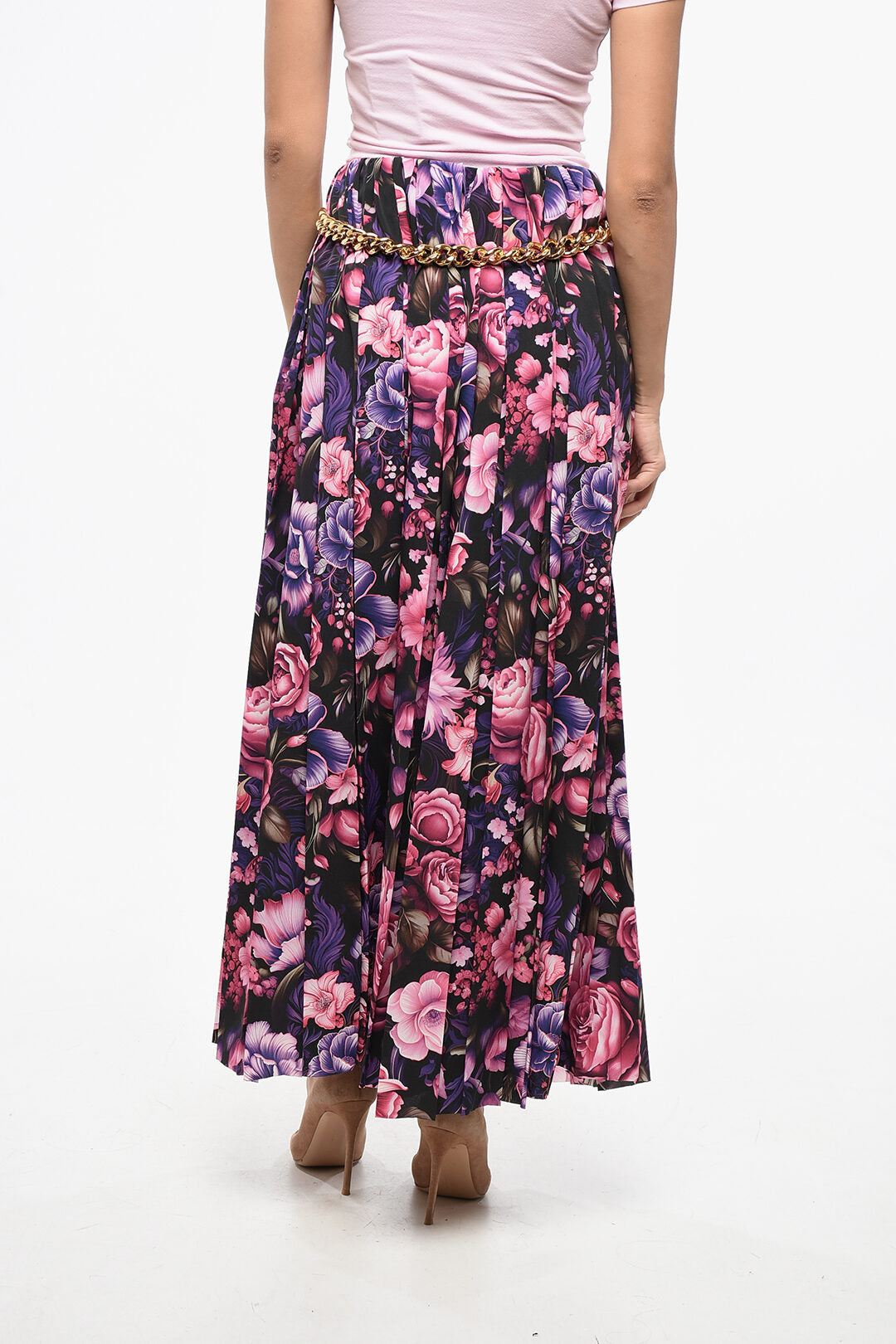 Balenciaga 3050~Long Pleated Skirt with Floral Pattern and Chain Detail, view 2