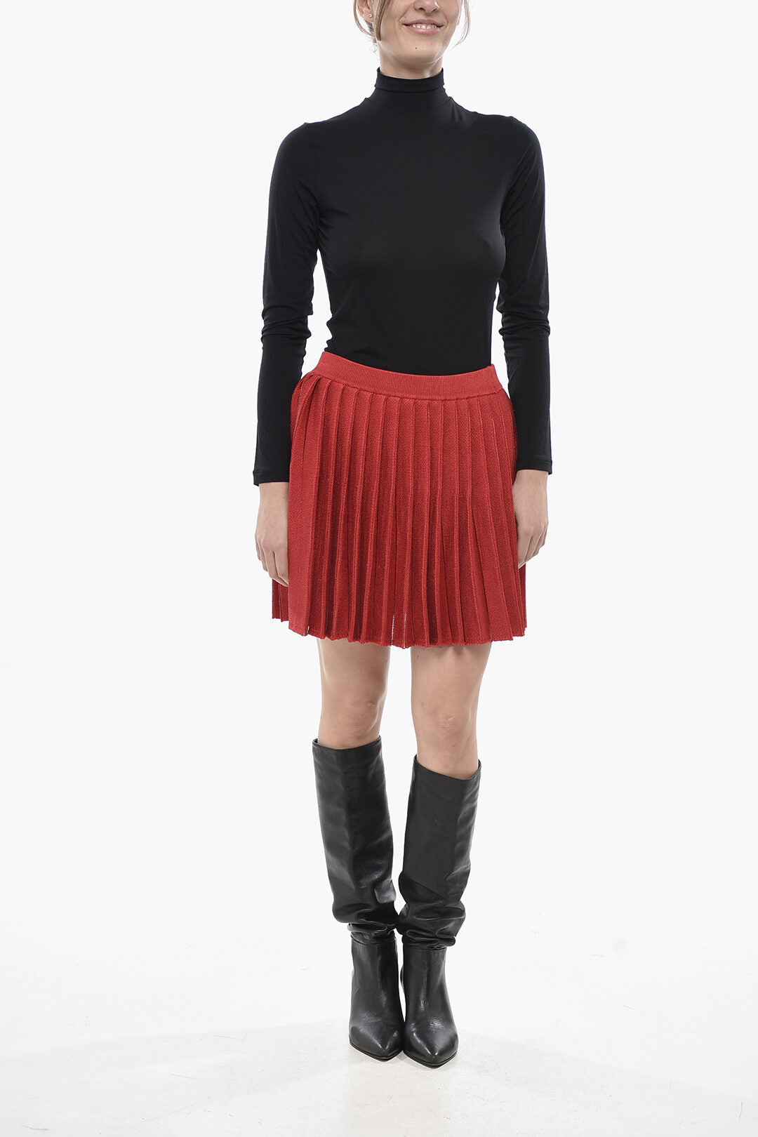 self-portrait 2550~Solid-Color Pleated Mini Skirt with Elastic Waist