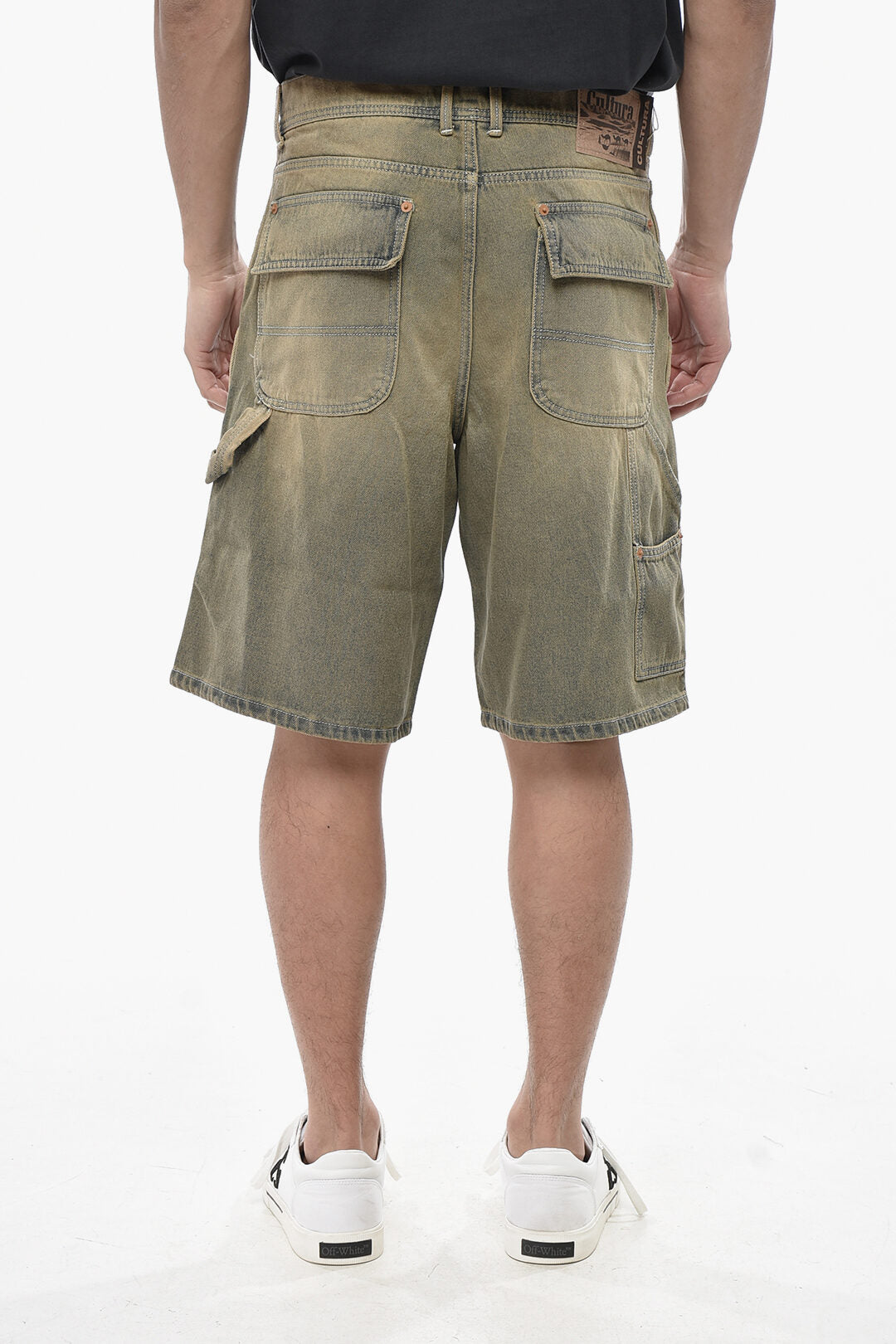 Cultura 2405~Stonewashed Cargo Shorts with Logo Button