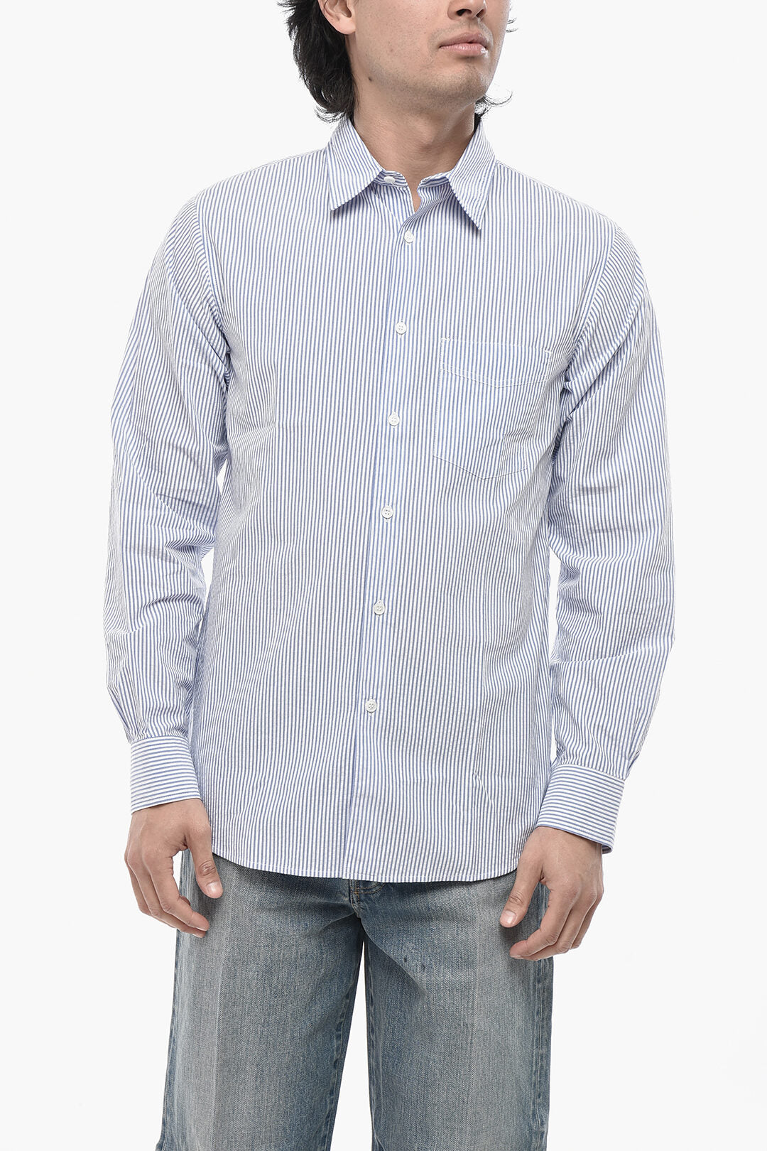 Paolo Pecora 2405~Two-Tone Striped Shirt with Pocket