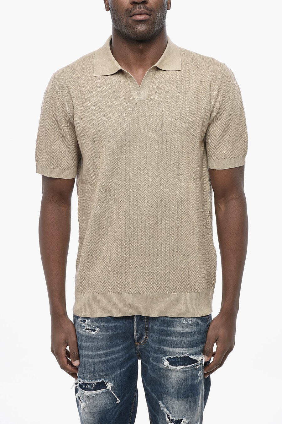 Altea 2500~Chevron-Pattern Polo with Open Collar