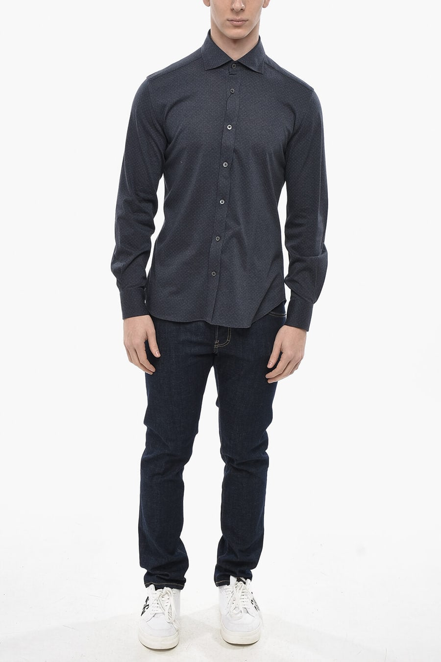 Corneliani 2405~ID Cotton Solid Shirt with Micro Dots, view 4