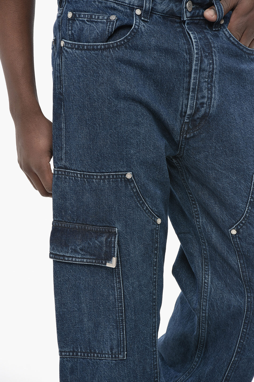 Palm Angels 2405~Denim Cargo Straight-Fit Jeans Dark Wash 24cm