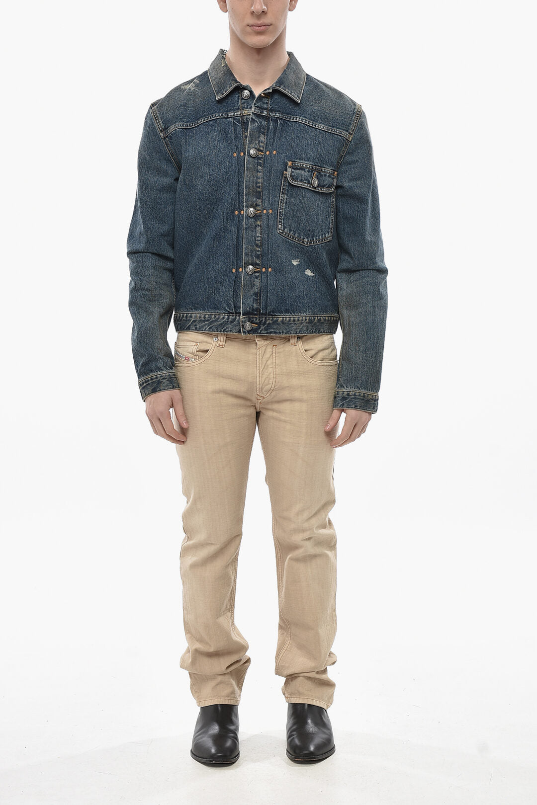 Palm Angels 0115~Denim Jacket CURVED LOGO With Vintage Wash
