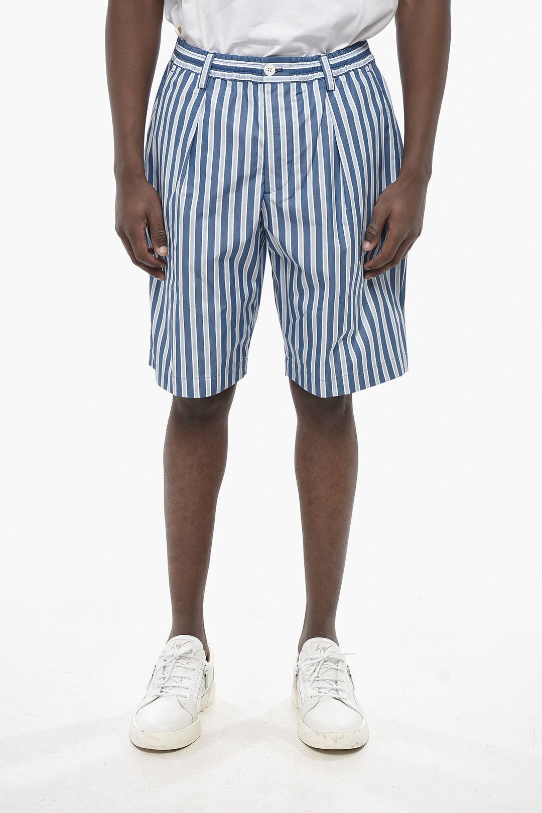 Marni 2750~Cotton 1-Pleat Shorts with Balanced Stripe Pattern