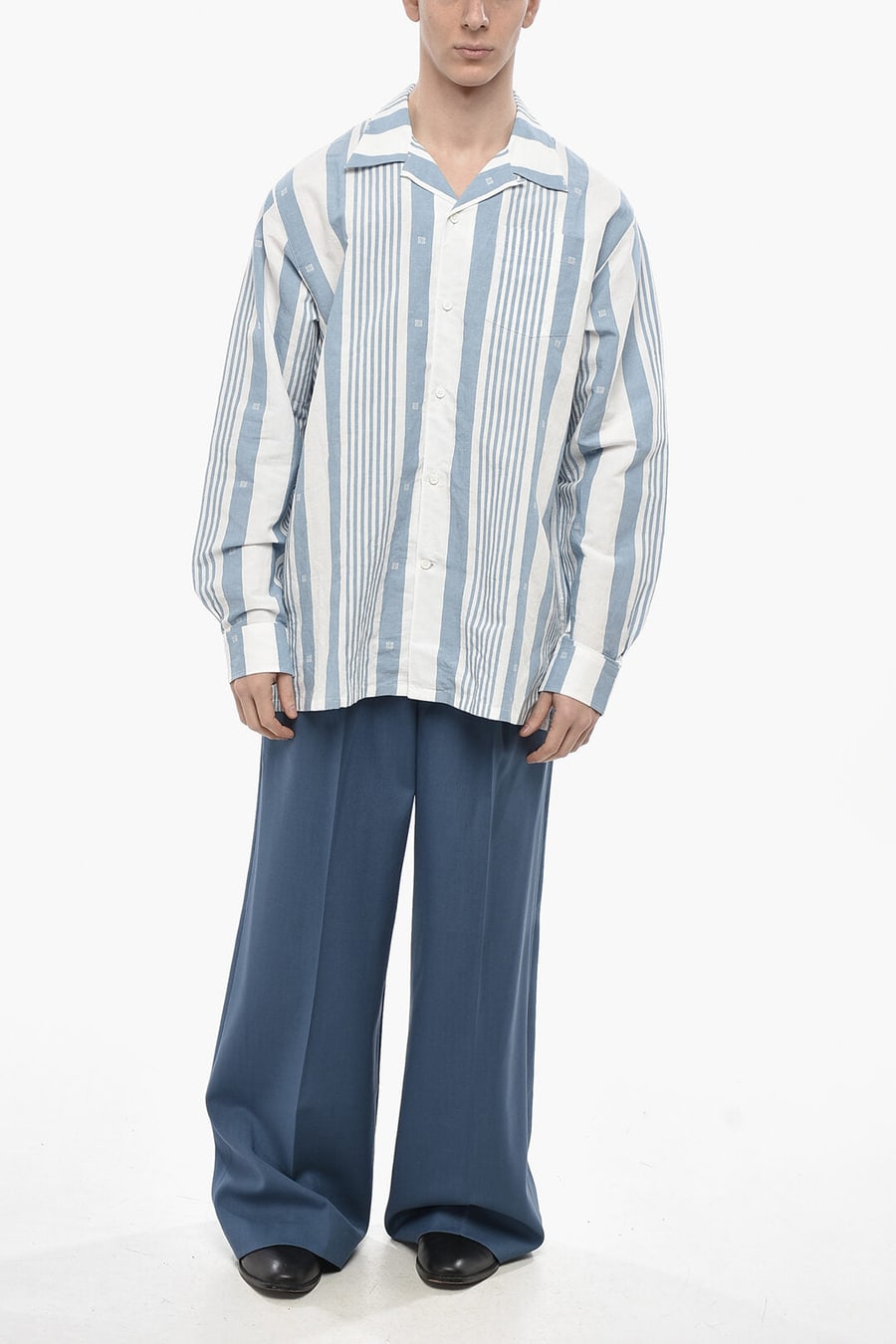 Givenchy 2750~Linen-Blend Shirt with Balanced Striped Pattern and Patch Pocket, view 4